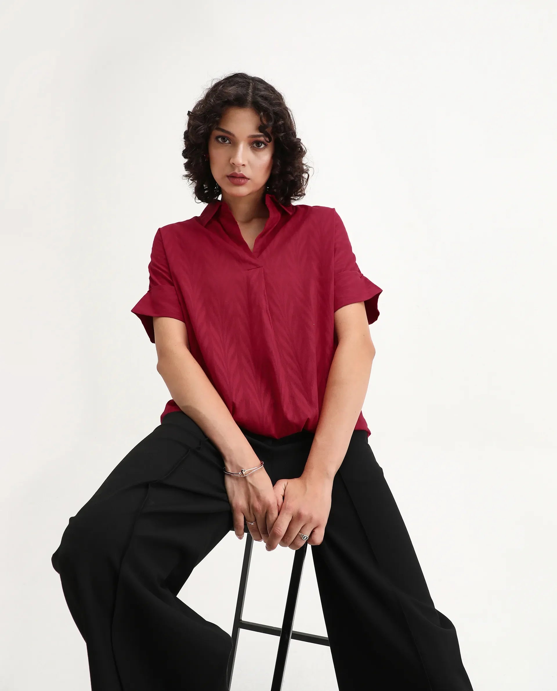 Rareism Women's Somyas Red Cotton Johnny Collar Plain Extended Sleeves Relaxed Fit Top