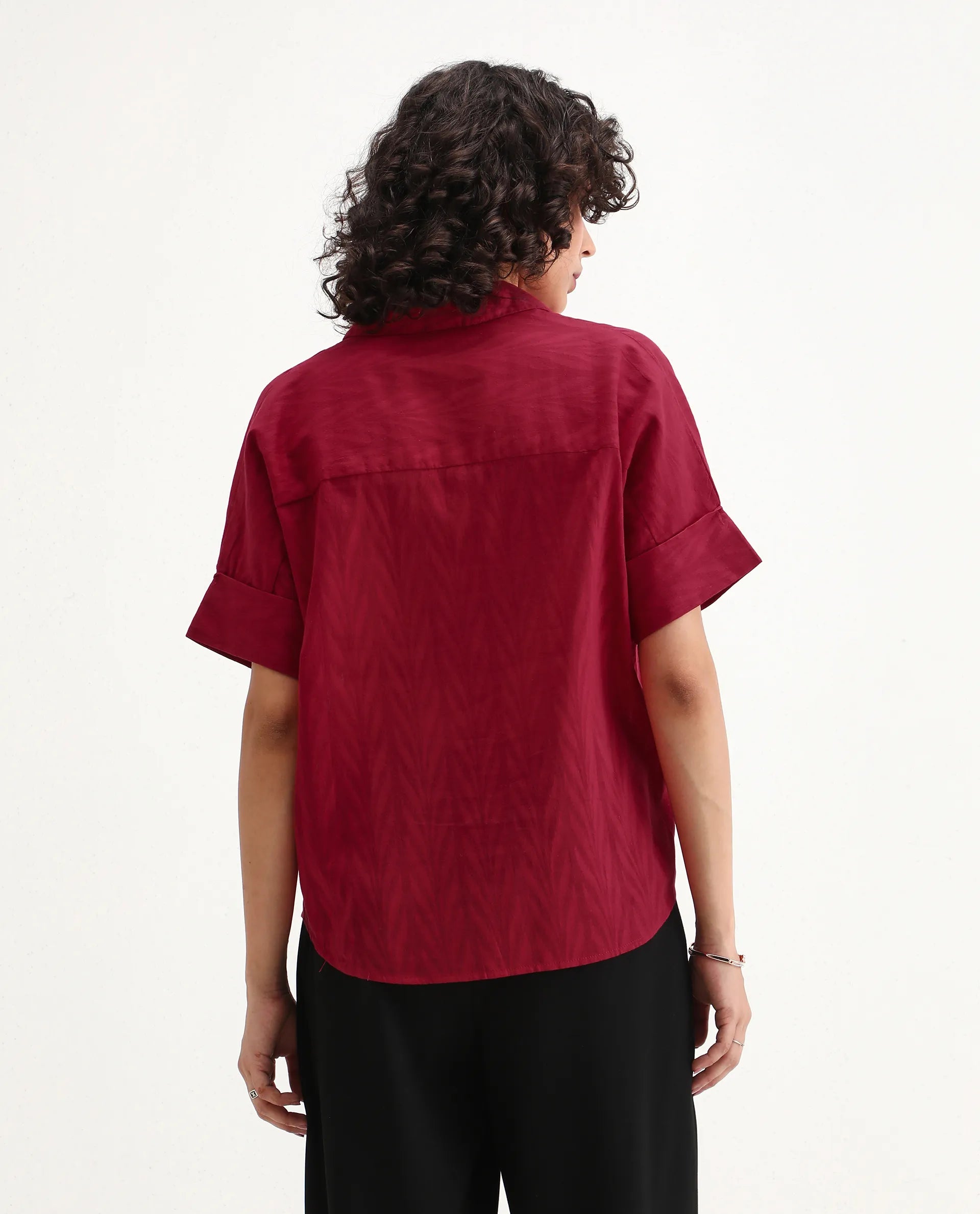 Rareism Women's Somyas Red Cotton Johnny Collar Plain Extended Sleeves Relaxed Fit Top