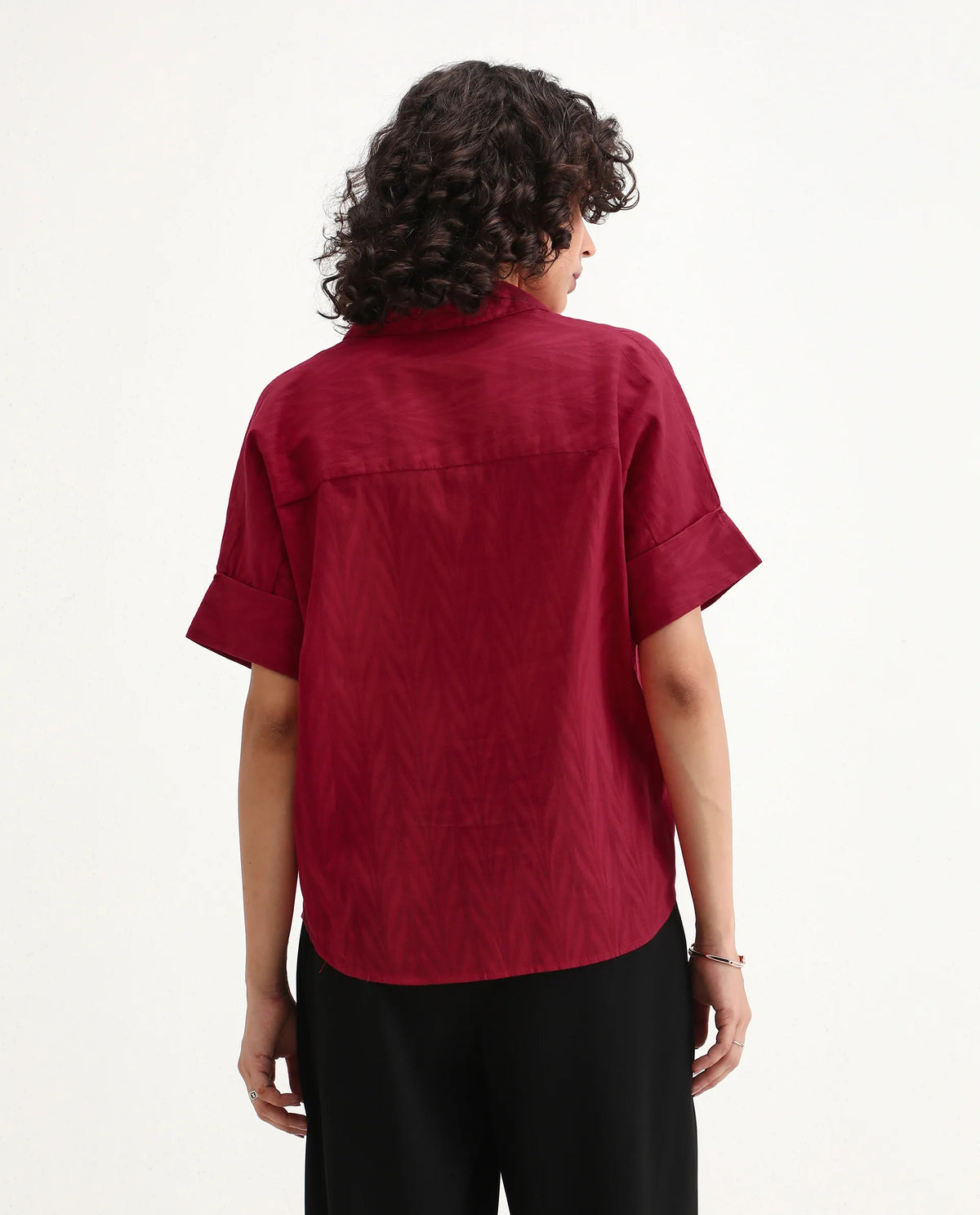 Rareism Women's Somyas Red Cotton Johnny Collar Plain Extended Sleeves Relaxed Fit Top