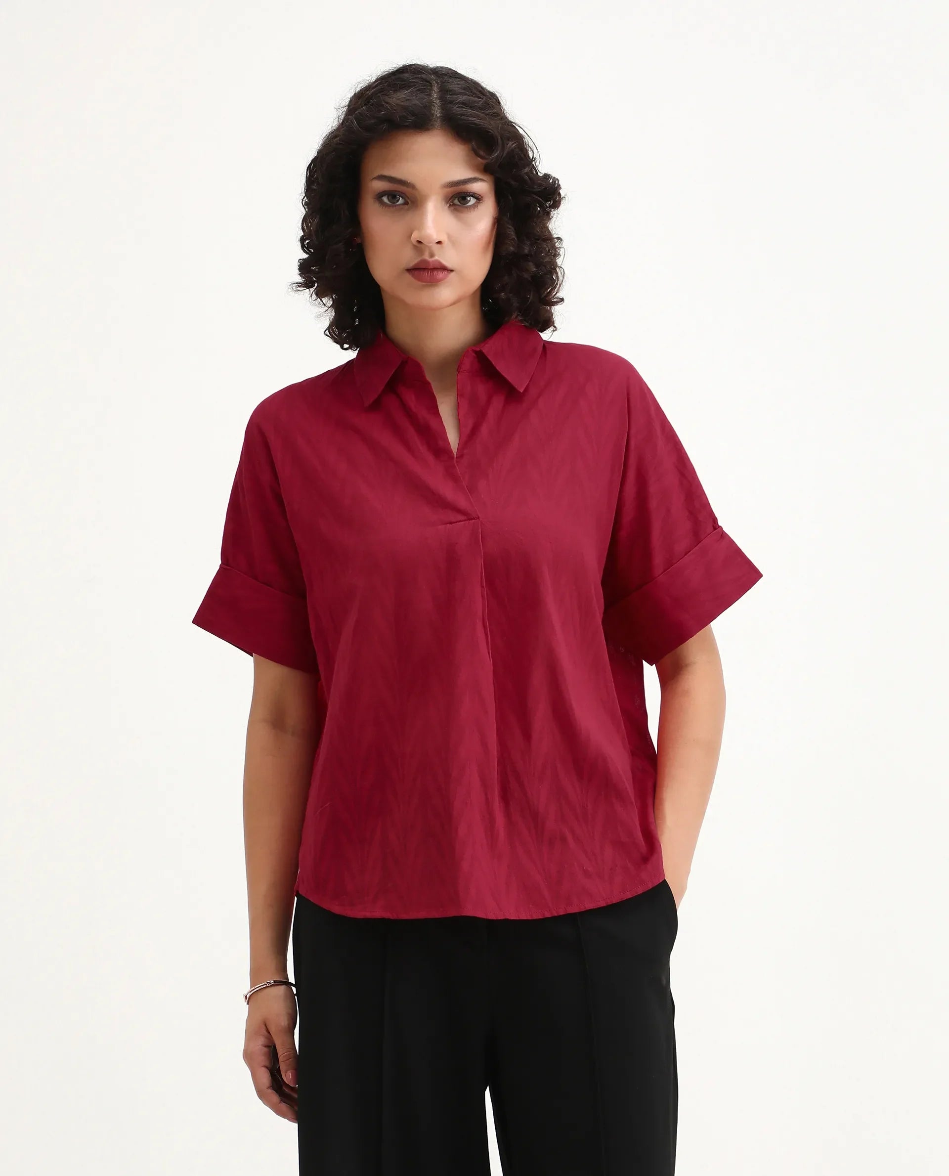 Rareism Women's Somyas Red Cotton Johnny Collar Plain Extended Sleeves Relaxed Fit Top