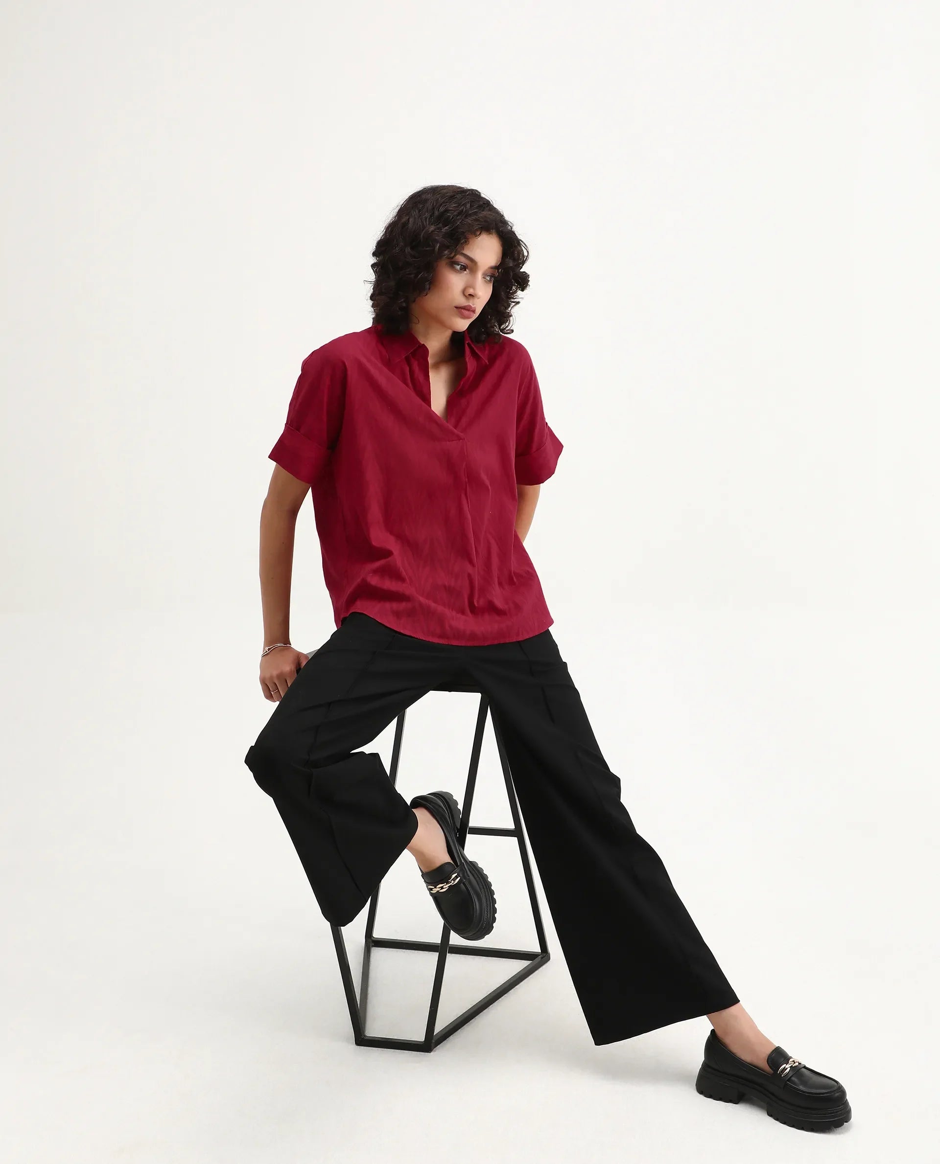 Rareism Women's Somyas Red Cotton Johnny Collar Plain Extended Sleeves Relaxed Fit Top