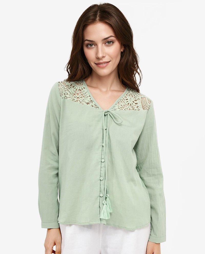 Rareism Women Sonoki Dusky Green Cotton Button Closure Full Sleeve V-Neck Relaxed Fit Plain Top