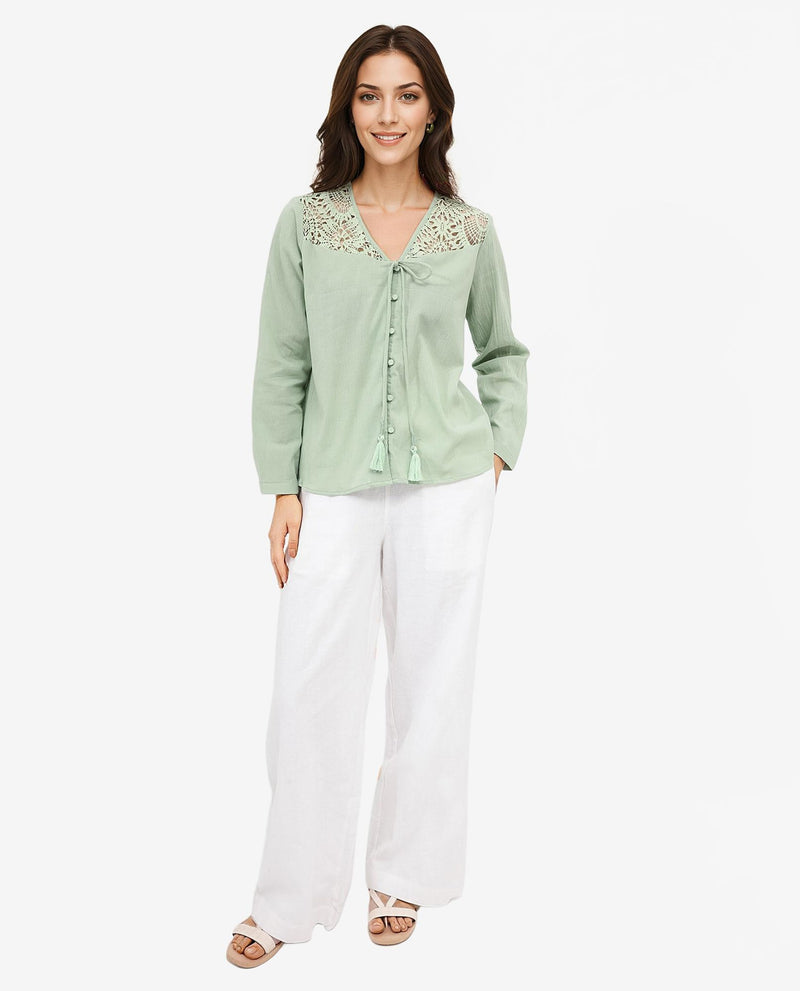 Rareism Women'S Sonoki Dusky Green Cotton Button Closure Full Sleeve V-Neck Relaxed Fit Plain Top