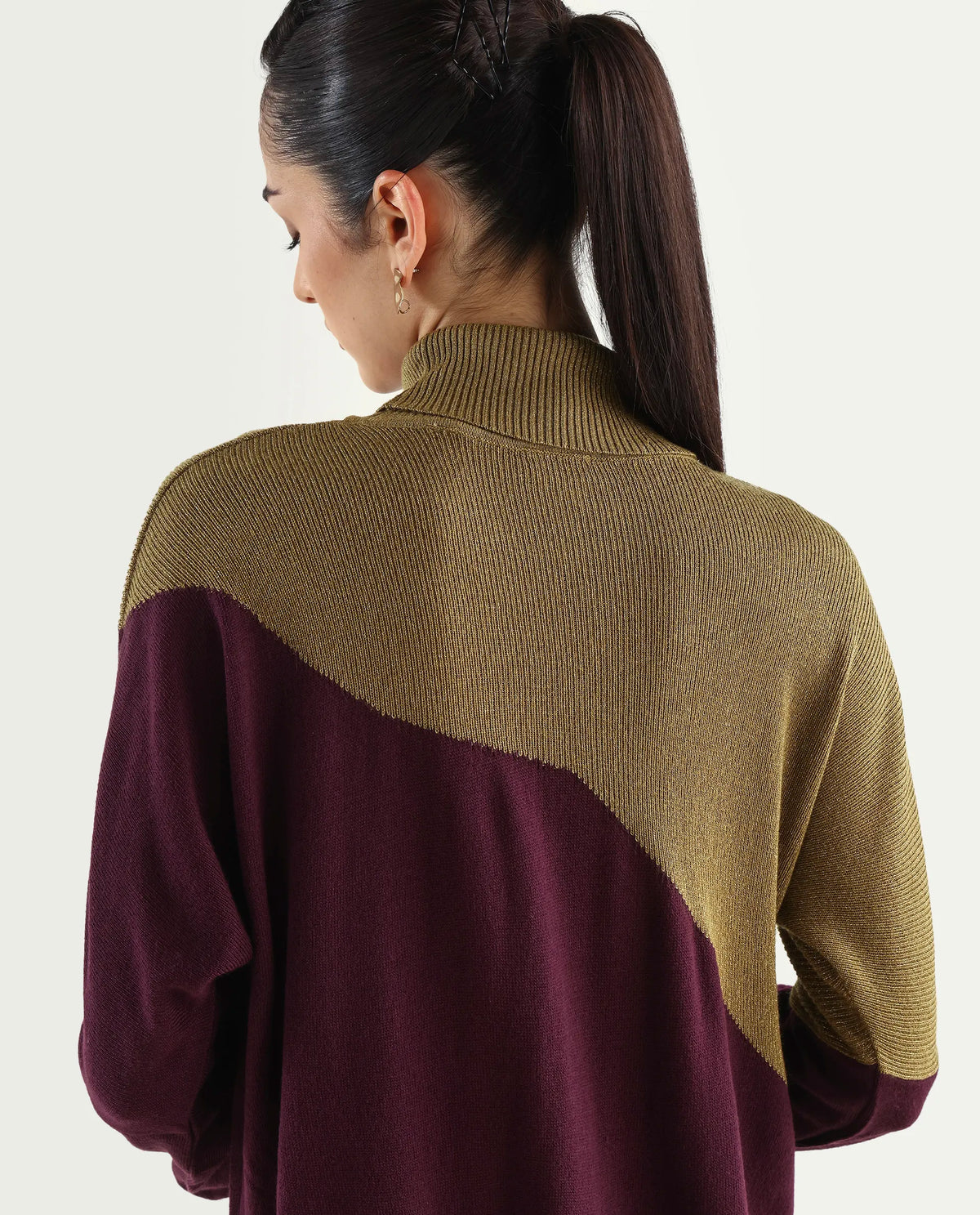 Rareism Women's Spaton Maroon Knit Turtle Neck Plain Knee Length Straight Fit Sweater