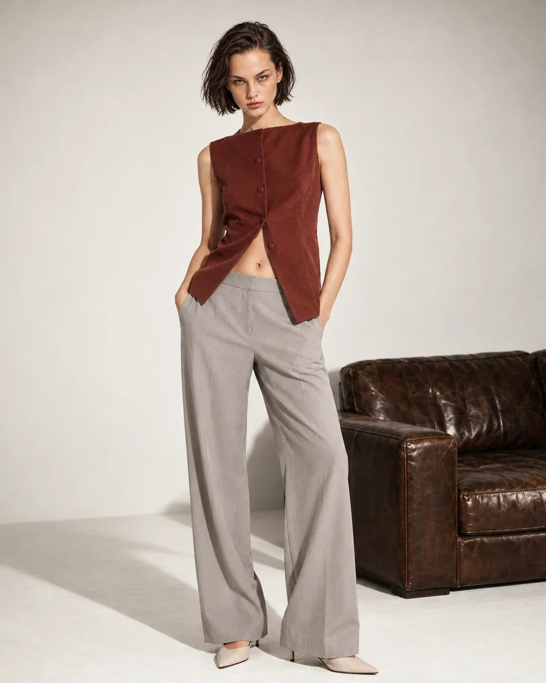 Rareism Women's Srait-Aw26 Fawn Polyester Blend Straight Plain Trouser