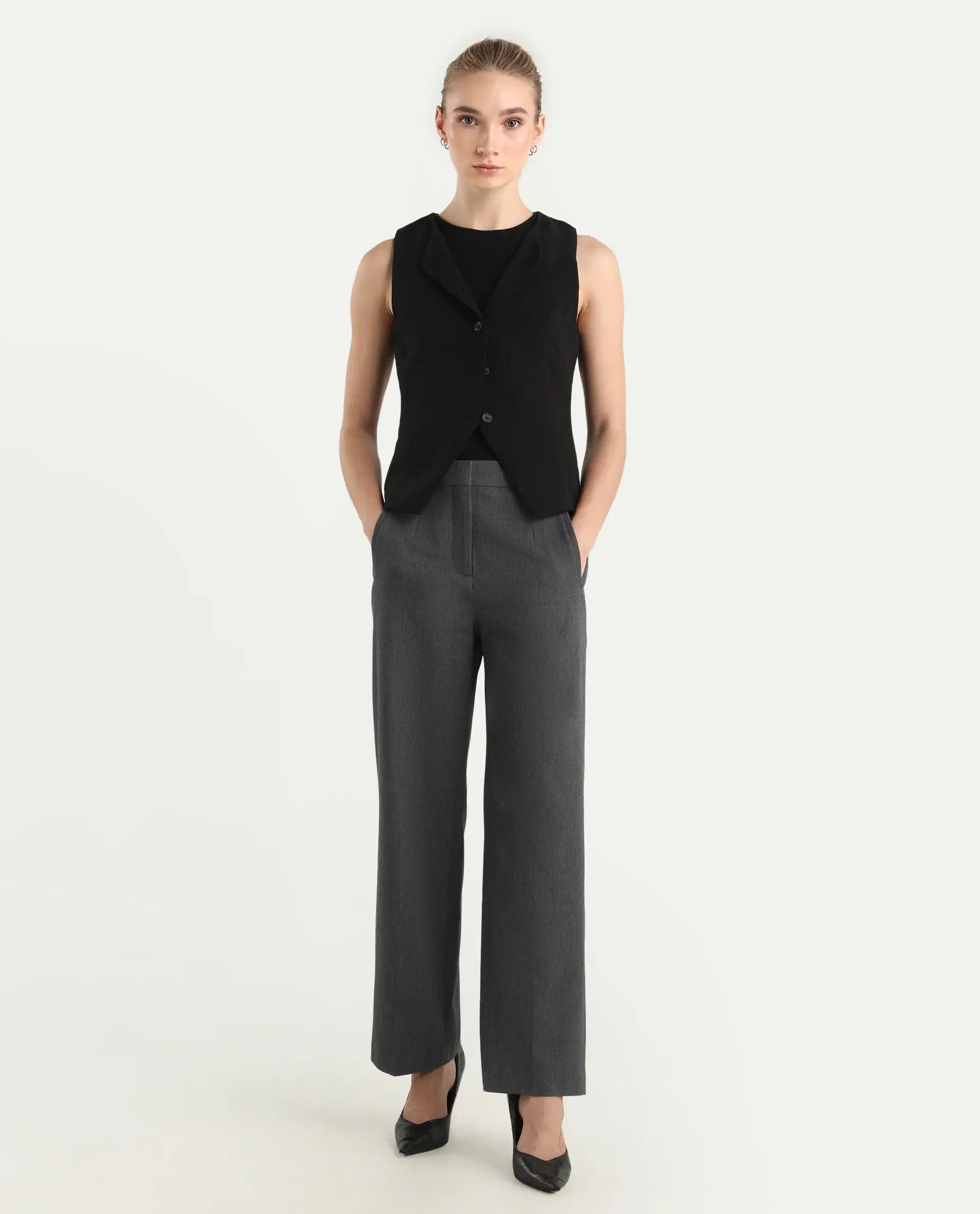 Rareism Women's Srait Grey Polyester Blend Straight Fit Travel Trouser