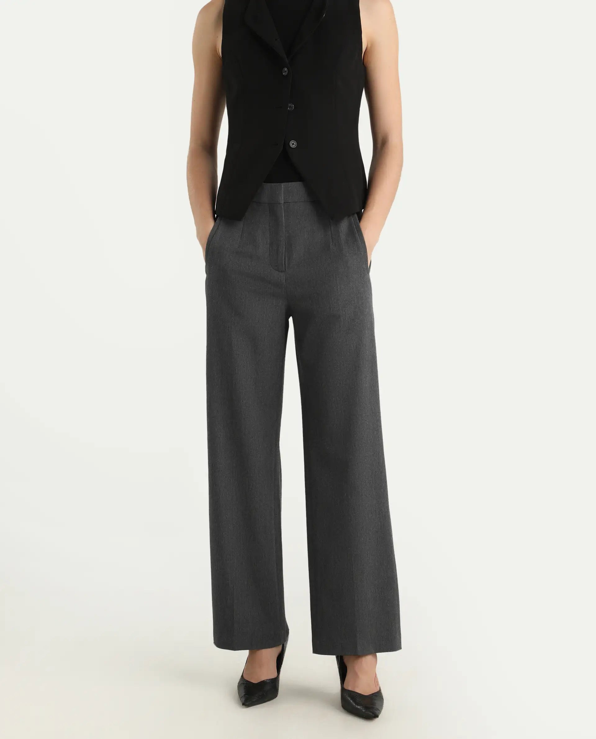 Rareism Women's Srait Grey Polyester Blend Straight Fit Travel Trouser