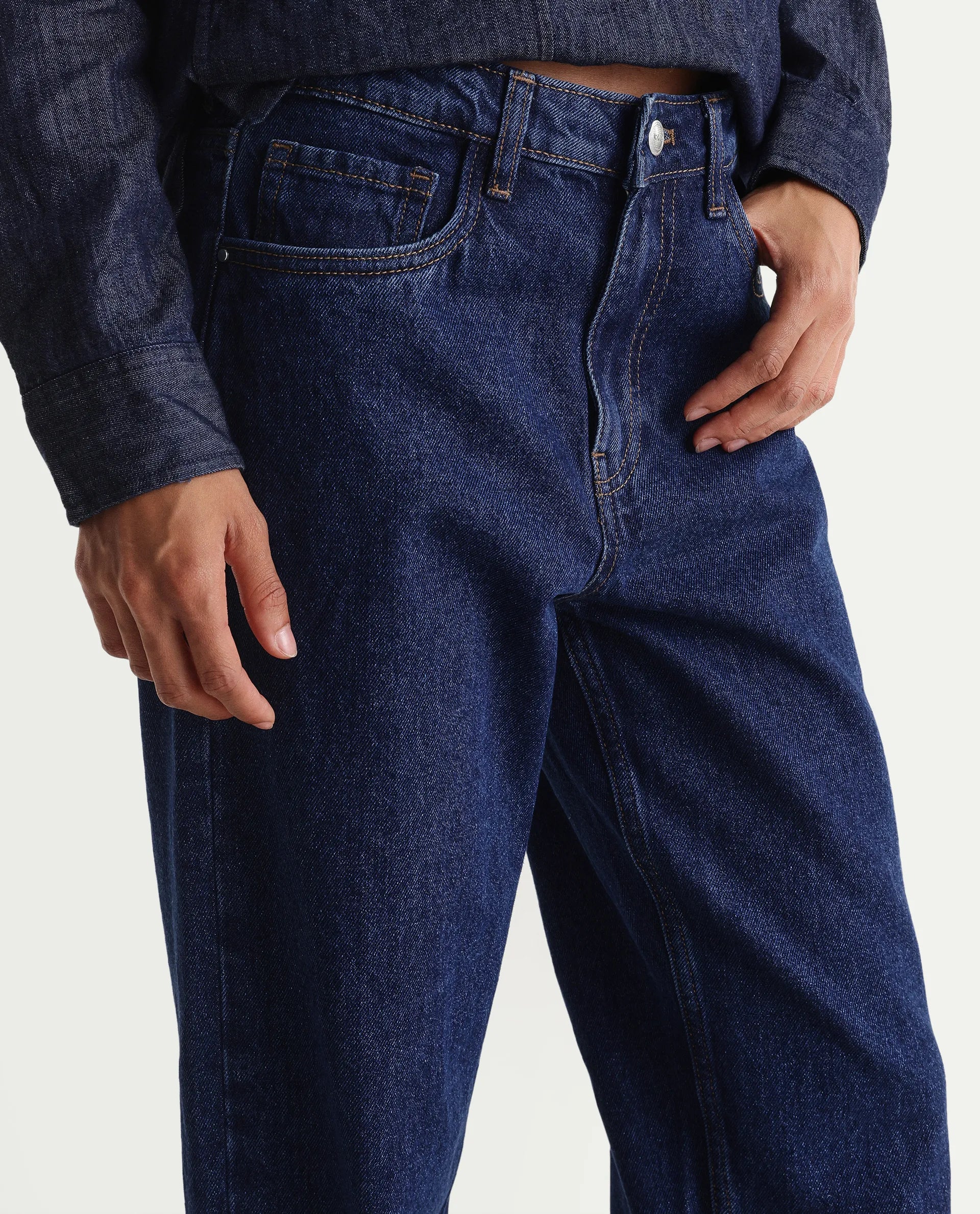 Rareism Women's Stella Dark Blue Cotton Straight Fit Plain Jeans