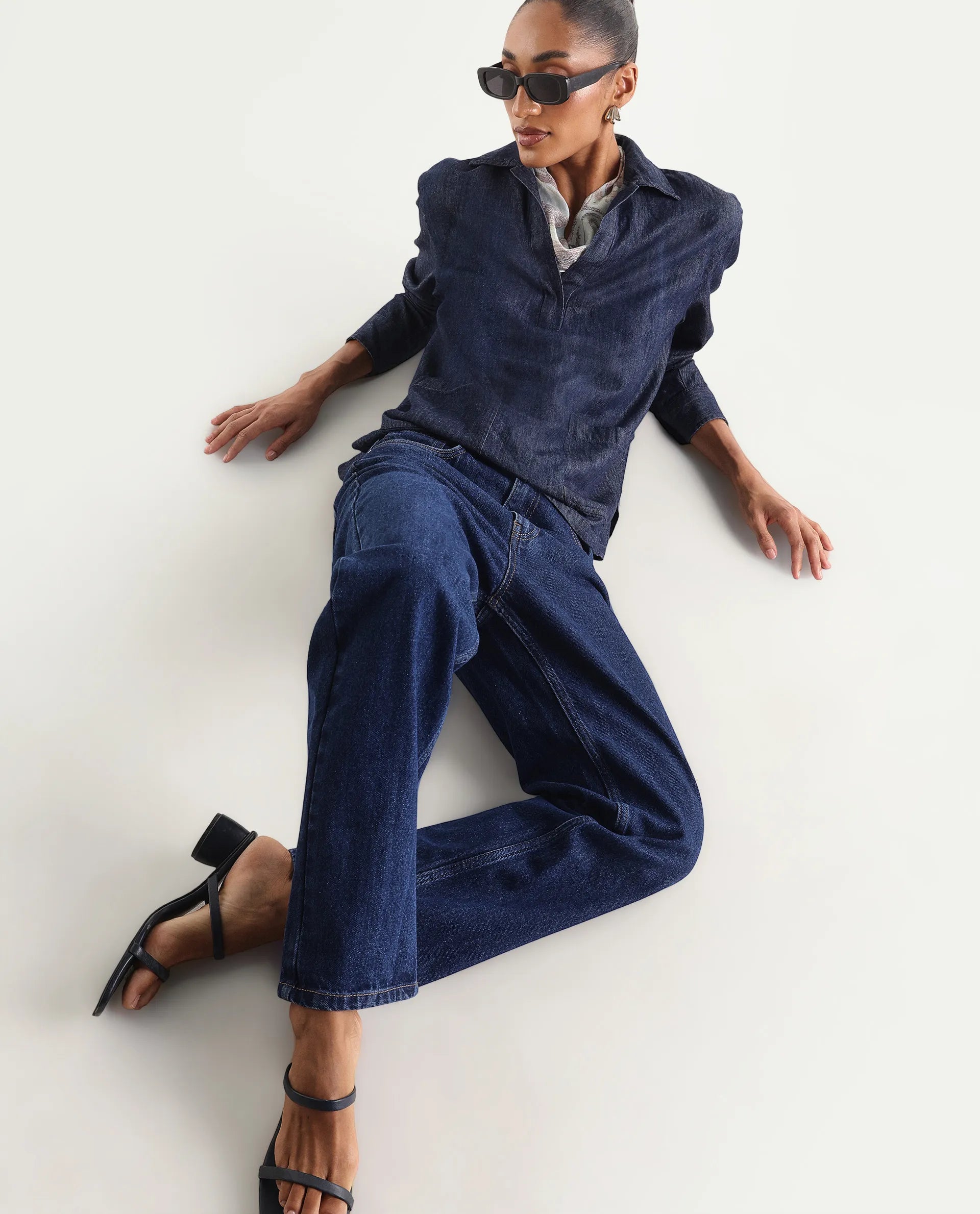 Rareism Women's Stella Dark Blue Cotton Straight Fit Plain Jeans