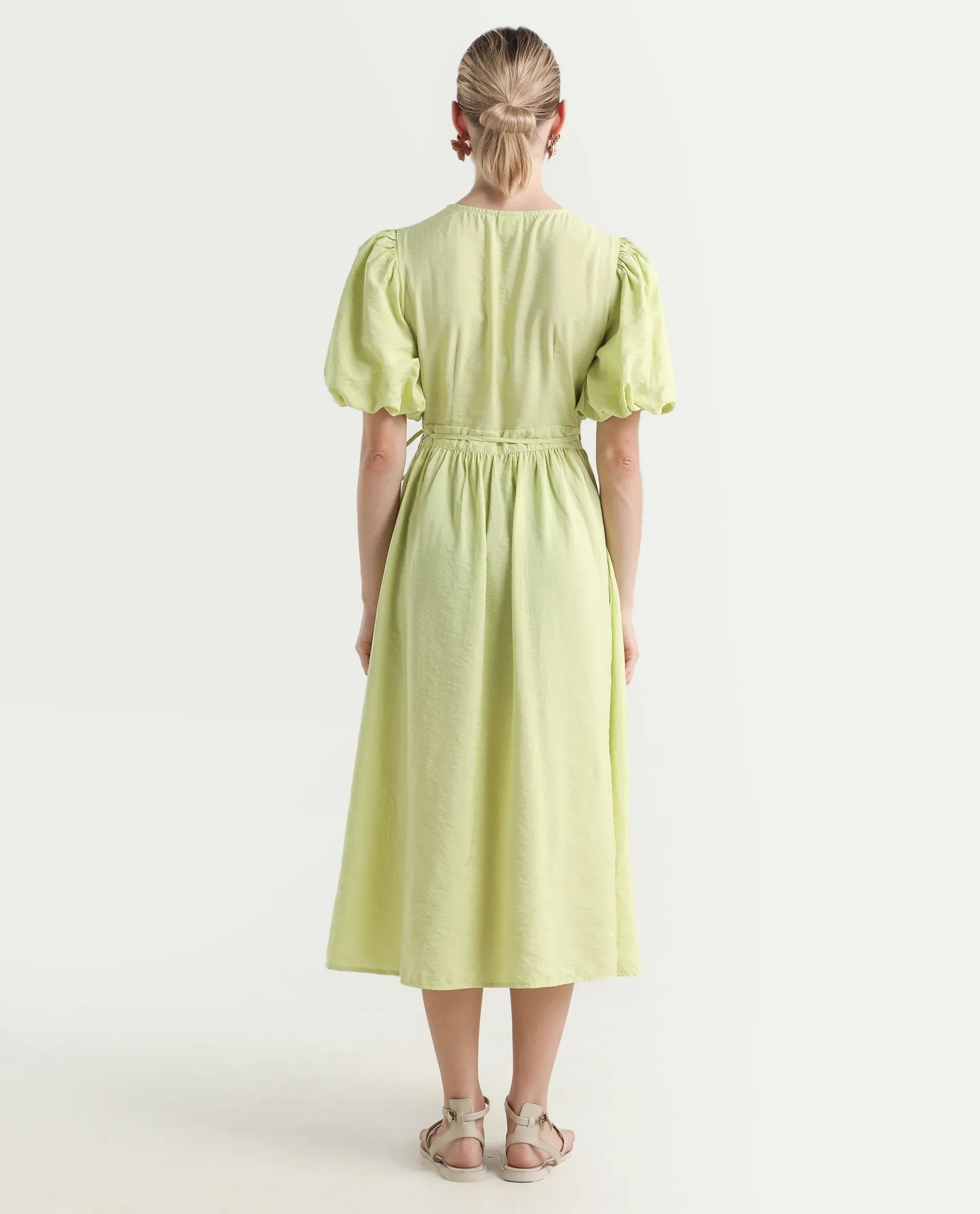Rareism Women's Stewart Light Green Nylon Blend Overlap Neck Plain Balloon Sleeve Maxi Fit And Flare Dress