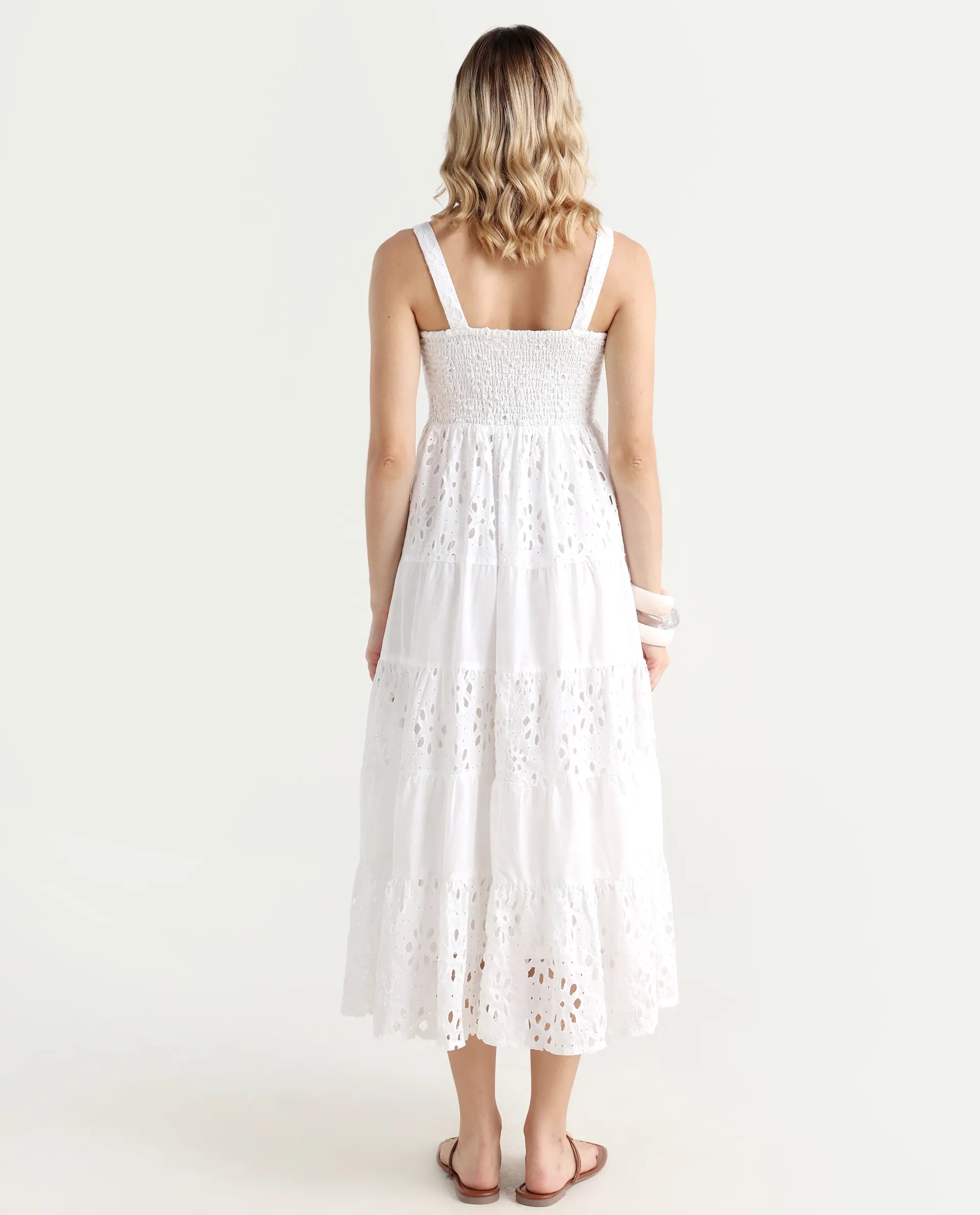 Rareism Women's Stiletus White Cotton Shoulder Strap Plain Shoulder Strap Maxi Fit And Flare Dress