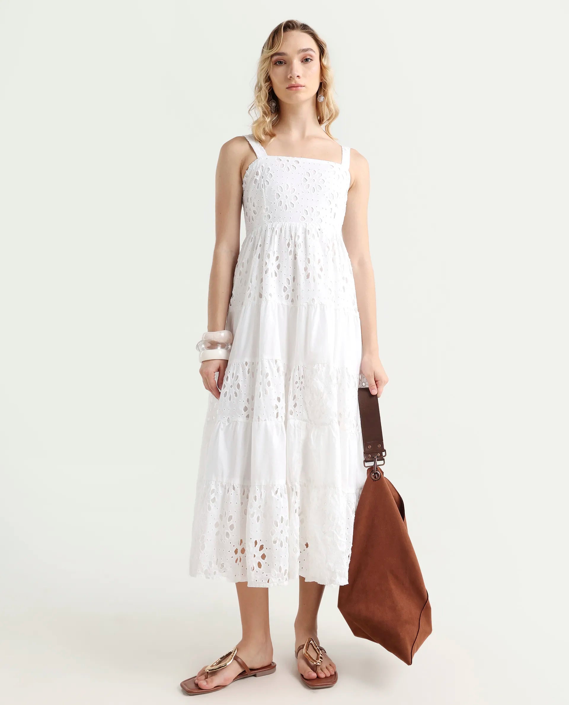 Rareism Women's Stiletus White Cotton Shoulder Strap Plain Shoulder Strap Maxi Fit And Flare Dress