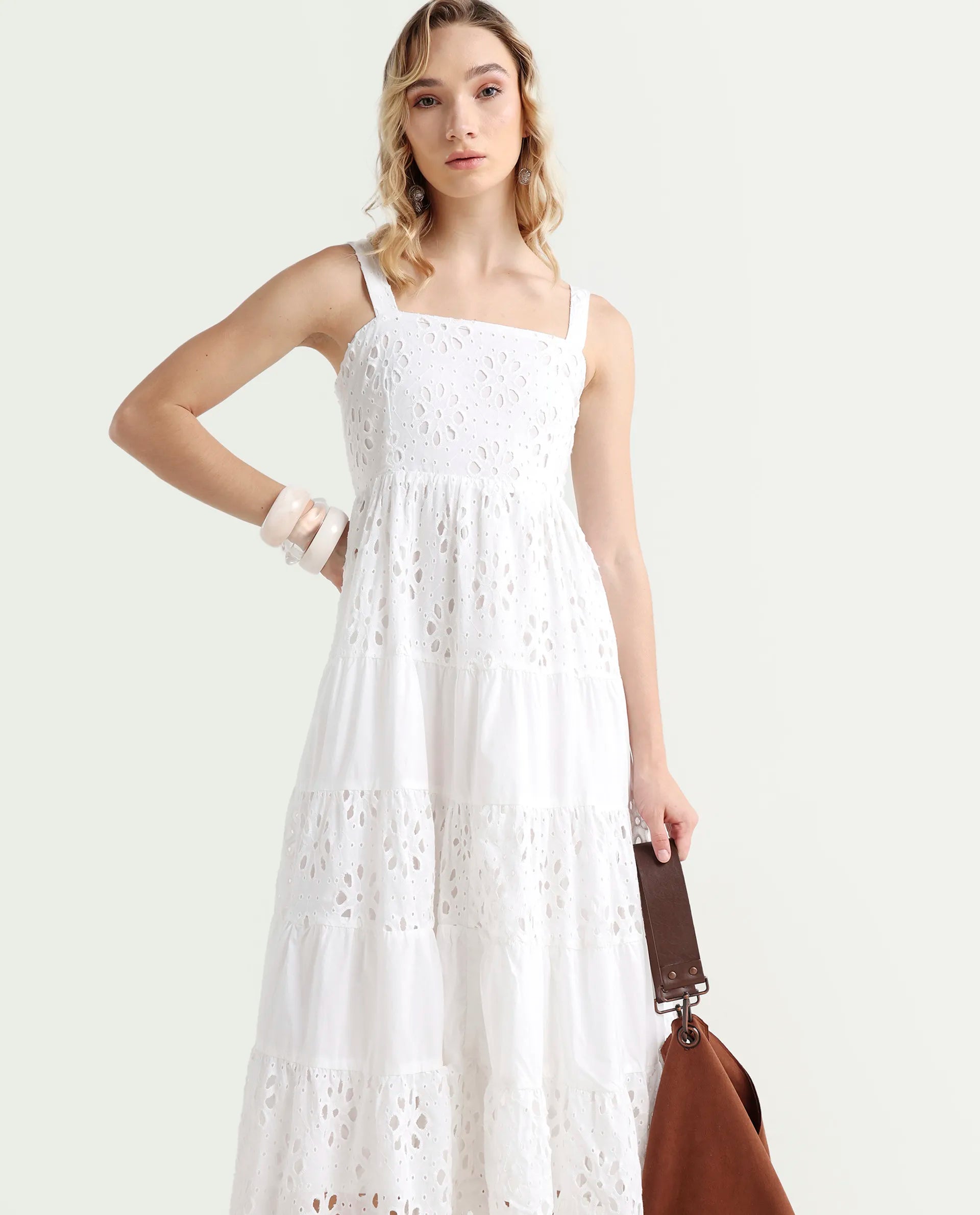 Rareism Women's Stiletus White Cotton Shoulder Strap Plain Shoulder Strap Maxi Fit And Flare Dress