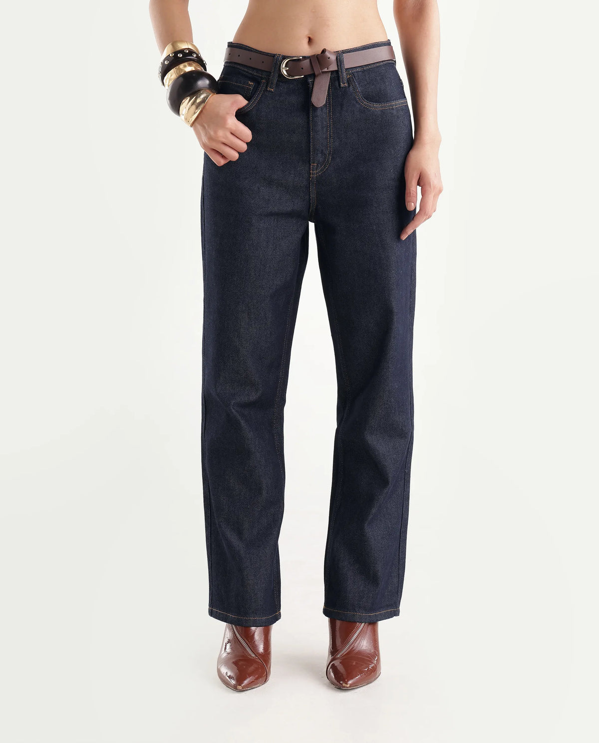 Rareism Women's Strank-1 Dark Navy Cotton Blend Shank And Zipper Ankle Straight Plain Jeans