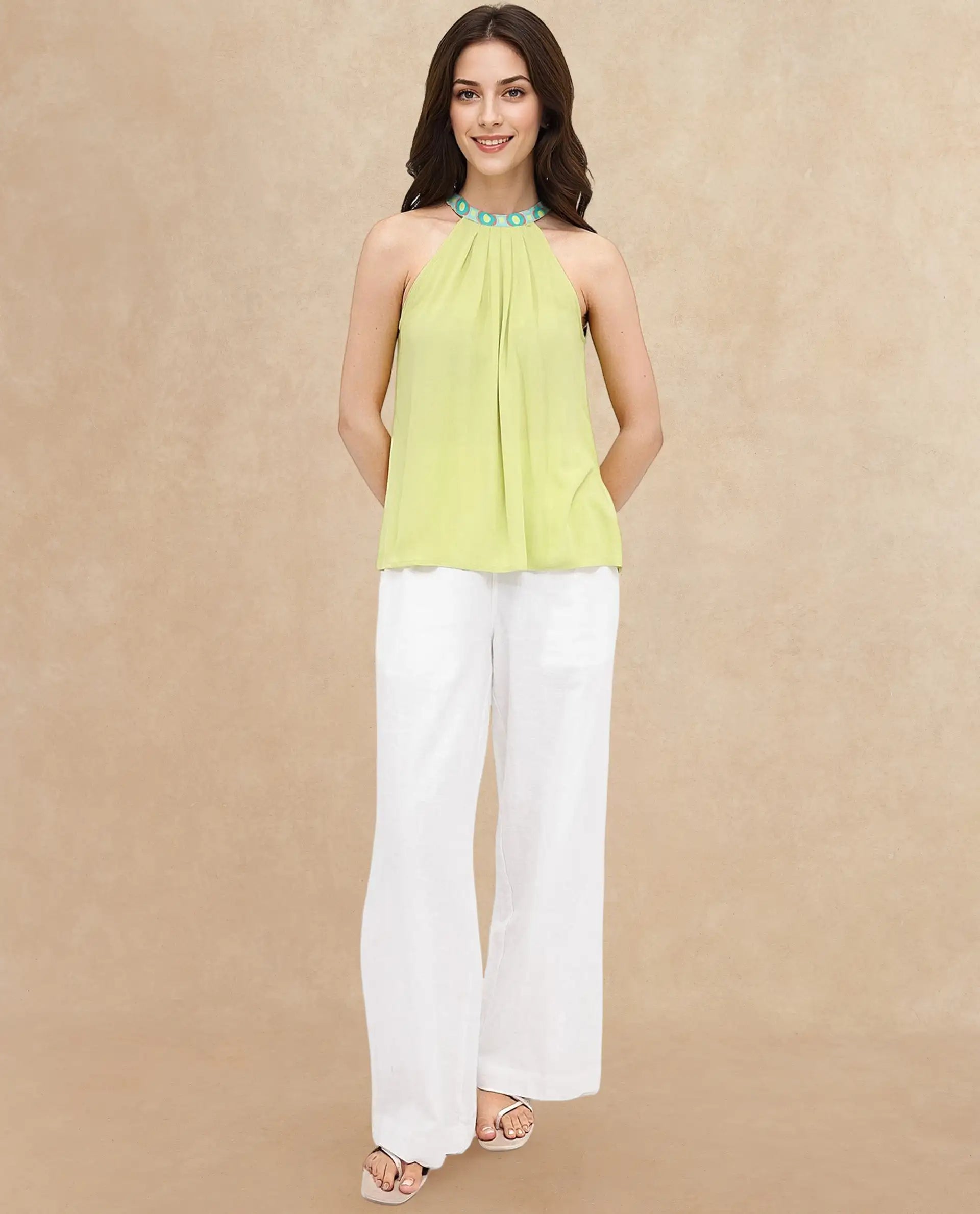 Rareism Women's Syrac Light Green Viscose Blend Halter Neck Plain Sleeveless Regular Fit Top