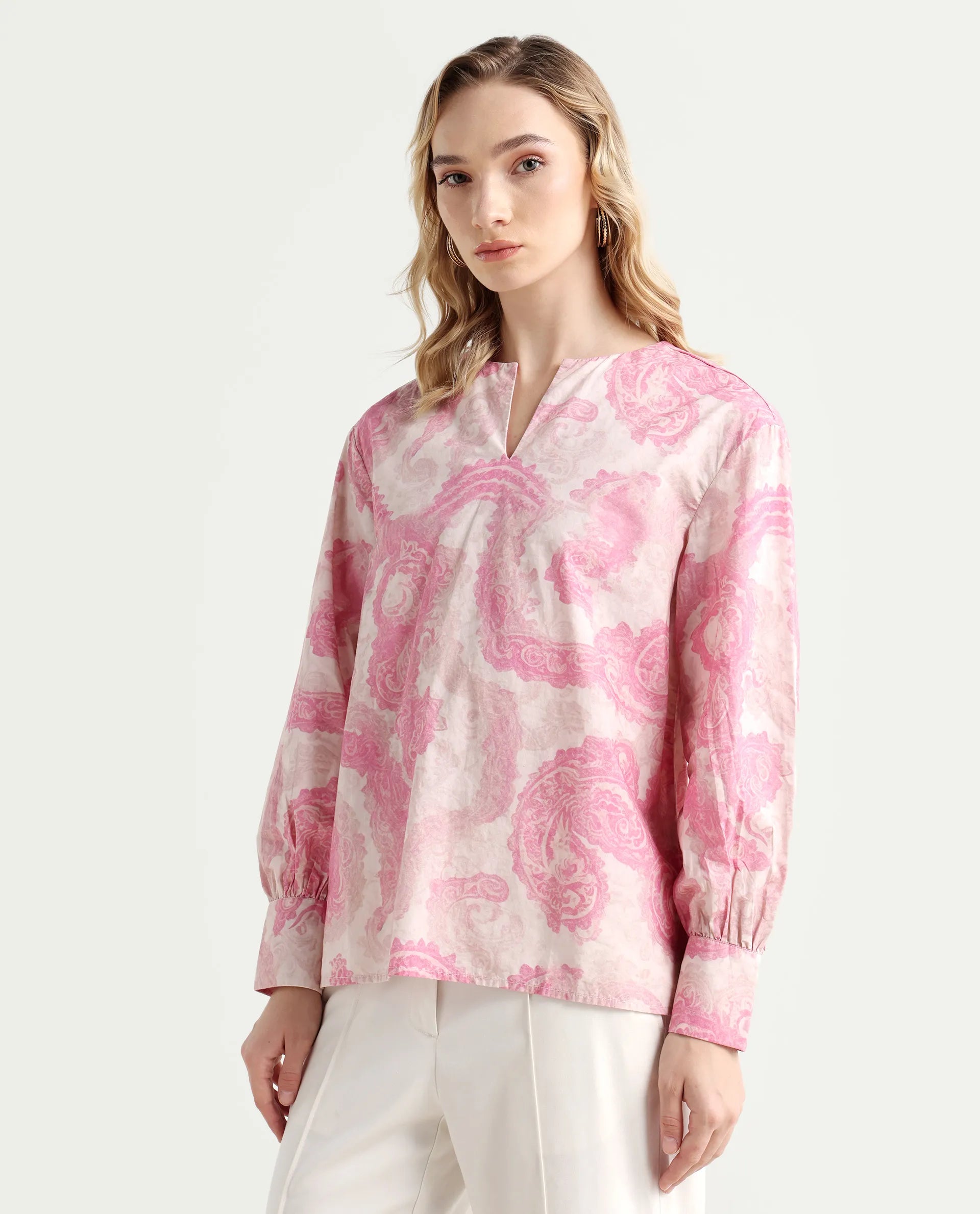Rareism Women's Syrto Multi Cotton Crew Neck Paisley Print Cuffed Sleeve Regular Fit Top