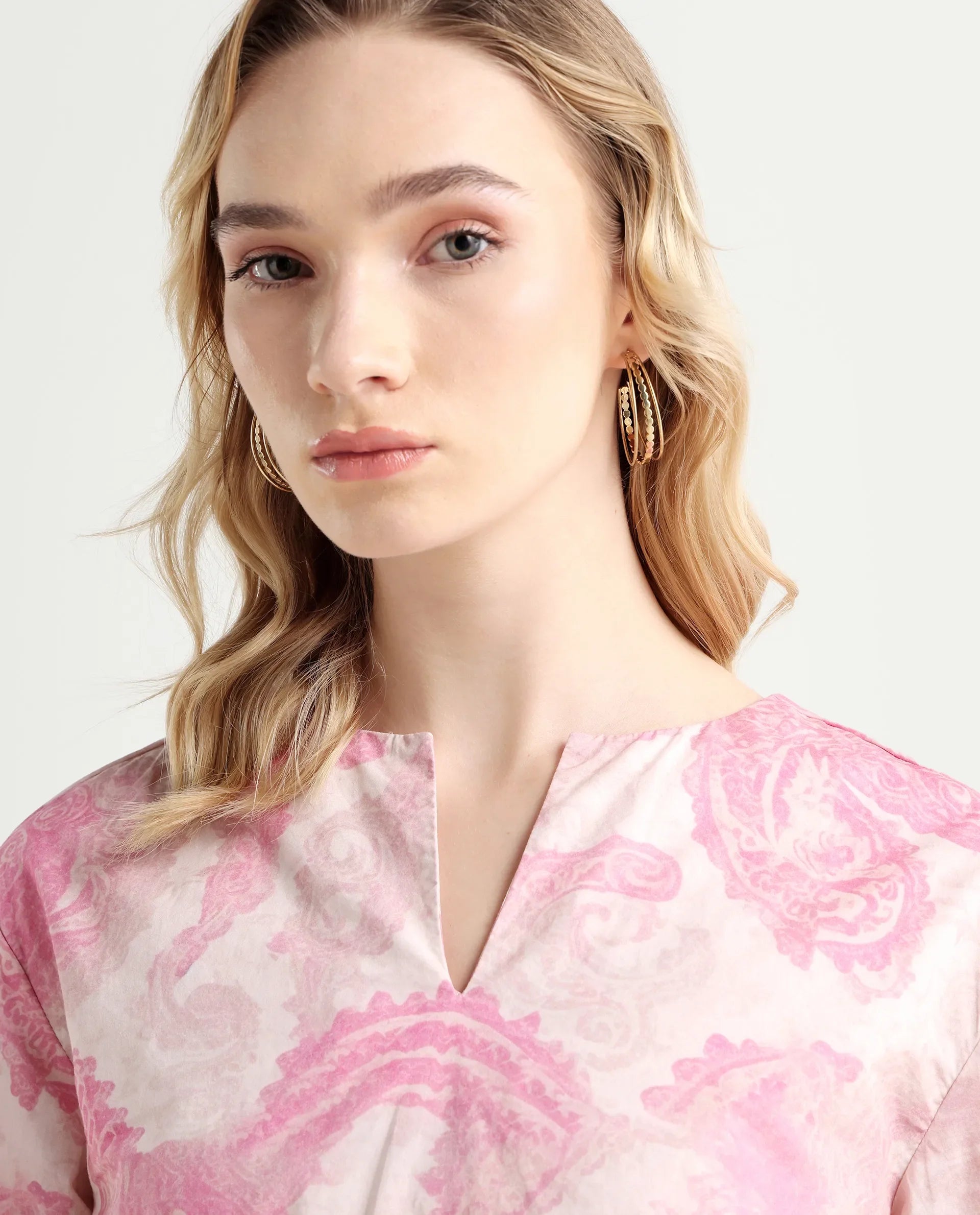 Rareism Women's Syrto Multi Cotton Crew Neck Paisley Print Cuffed Sleeve Regular Fit Top