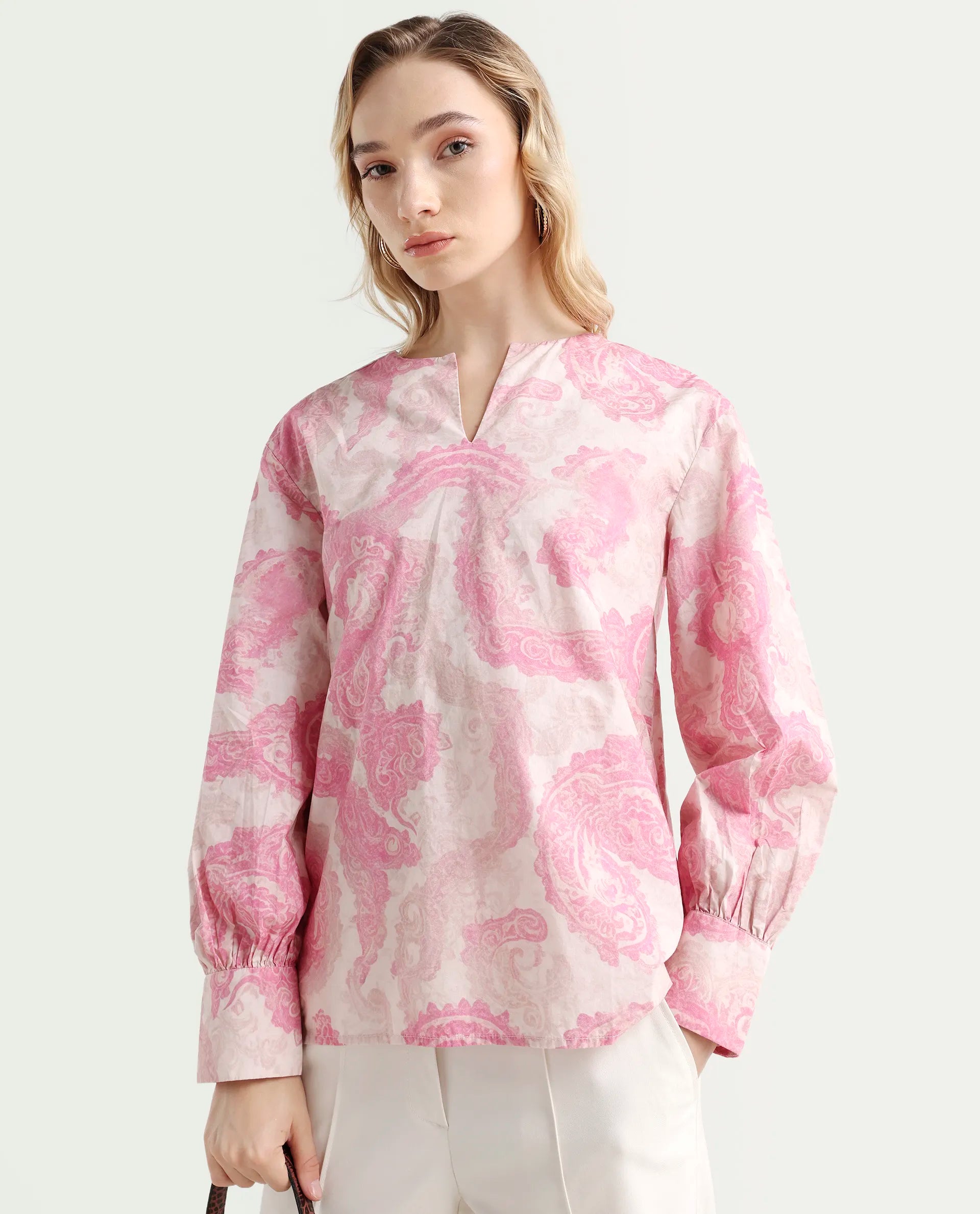 Rareism Women's Syrto Multi Cotton Crew Neck Paisley Print Cuffed Sleeve Regular Fit Top
