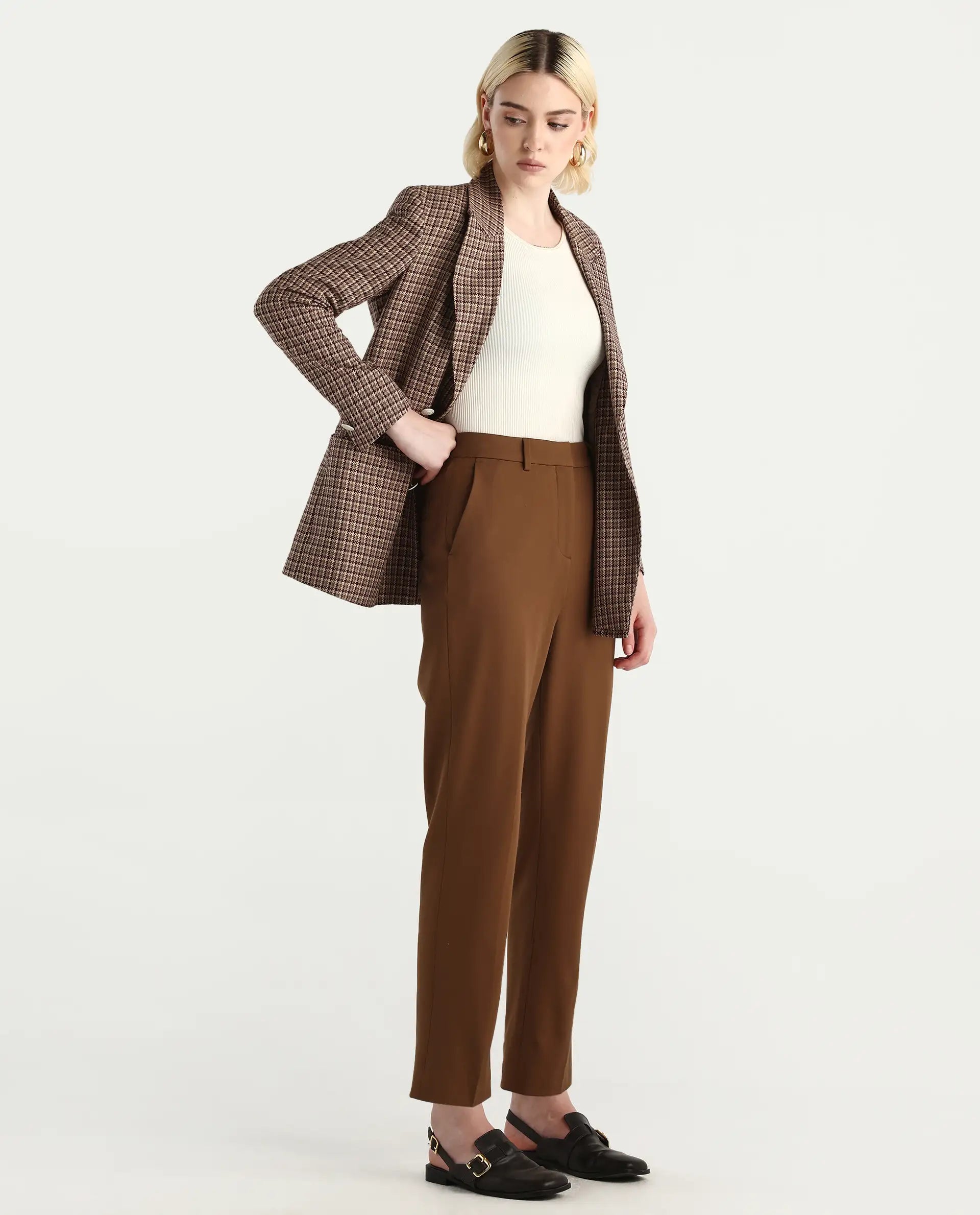 Rareism Women's Taper Light Brown Polyester Blend Tapered Ankle Length Plain Travel Trouser