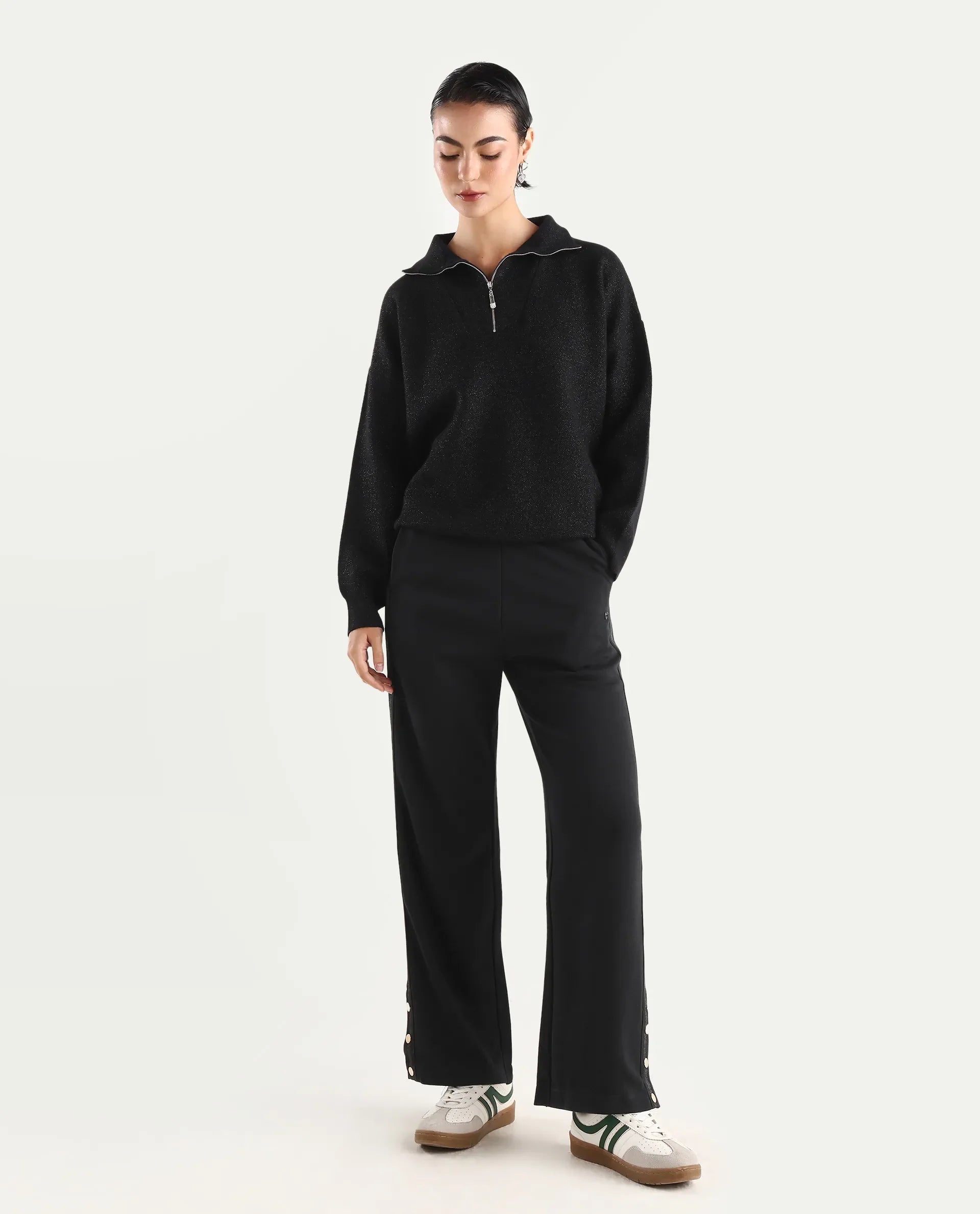 Rareism Women's Tappy Black Cotton Blend Plain Ankle Length Regular Fit Track Pant