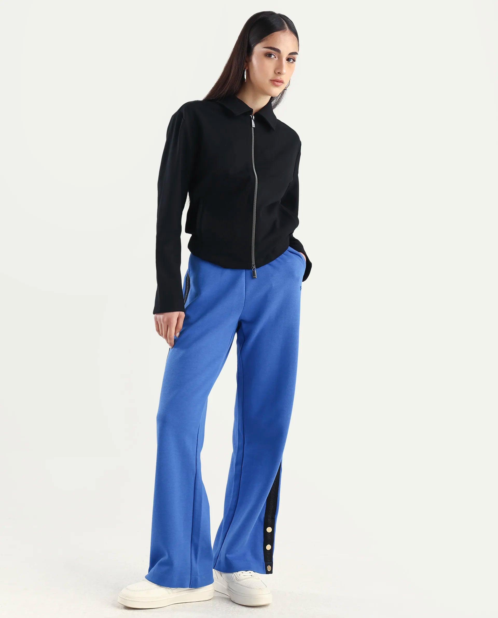 Rareism Women's Tappy Blue Cotton Blend Plain Ankle Length Regular Fit Track Pant