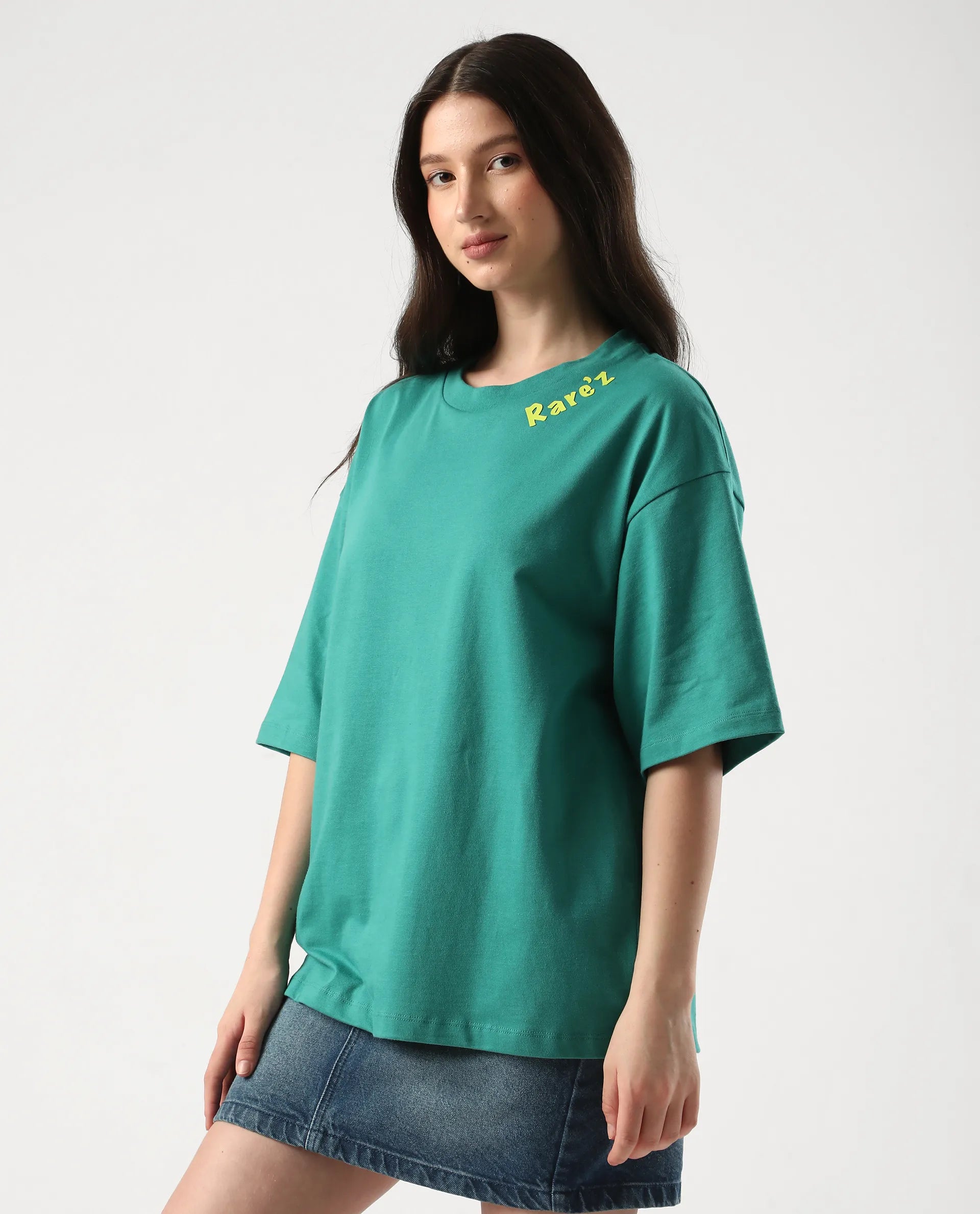 Rareism Women's Tenk Green Cotton Graphic Print Oversized T-Shirt