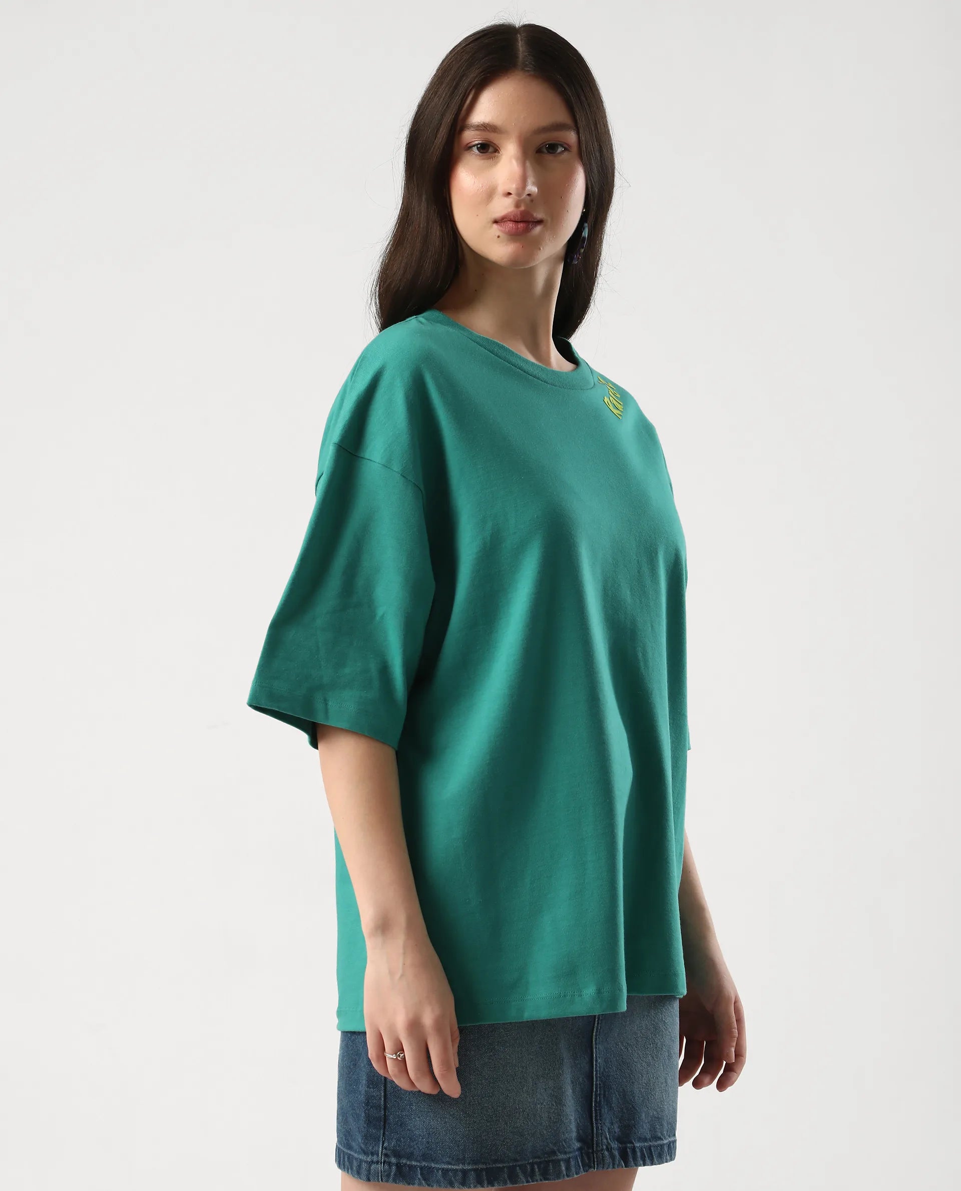 Rareism Women's Tenk Green Cotton Graphic Print Oversized T-Shirt