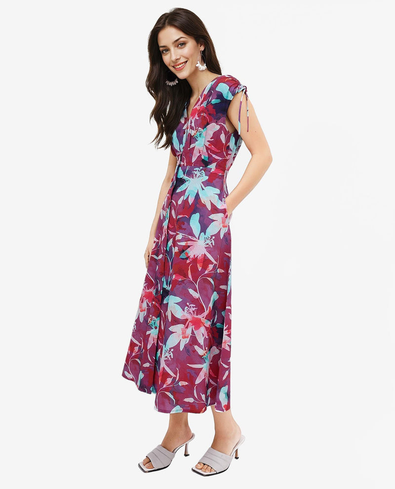 Rareism Women Terumi Dark Multi Sleeveless V-Neck  A-Line Maxi Floral Print Dress