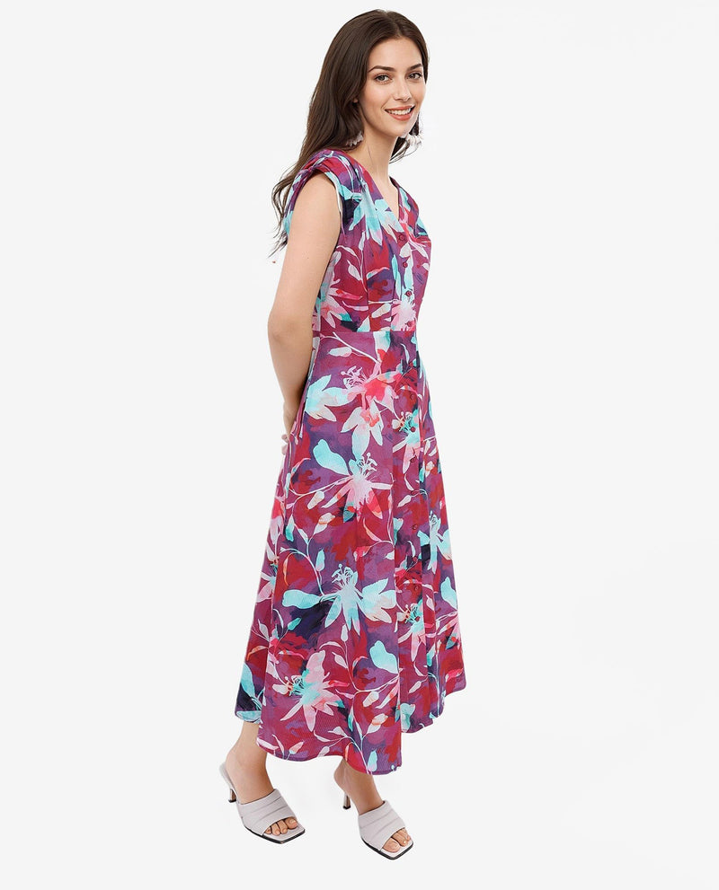 Rareism Women Terumi Dark Multi Sleeveless V-Neck  A-Line Maxi Floral Print Dress