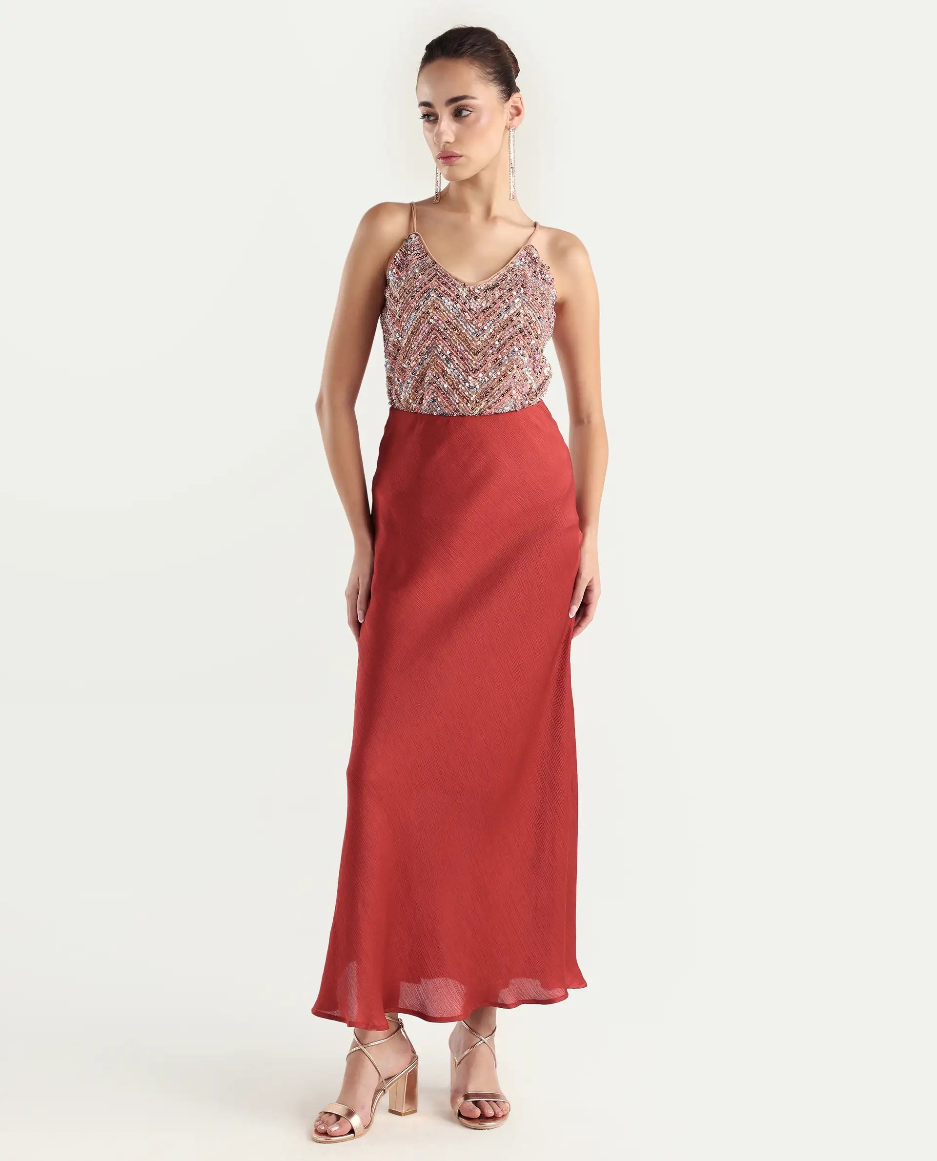 Rareism Women's Tess Sheen Multi Polyester V-Neck Sequined Shoulder Strap Regular Fit Top