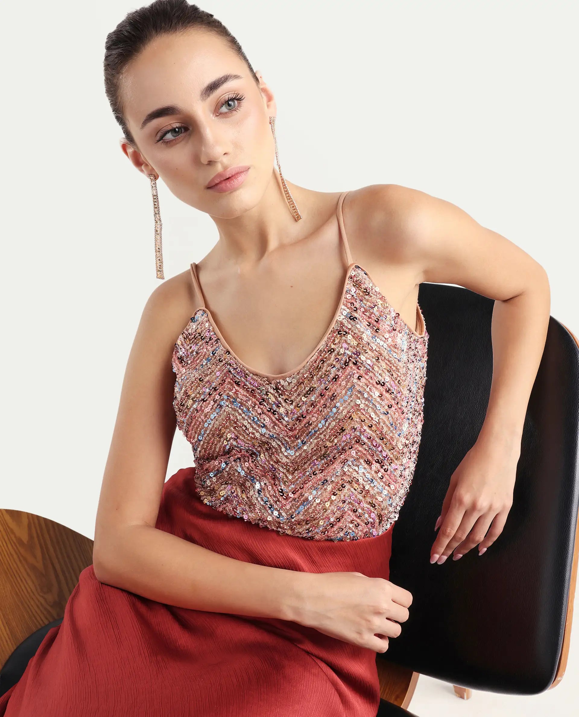 Rareism Women's Tess Sheen Multi Polyester V-Neck Sequined Shoulder Strap Regular Fit Top