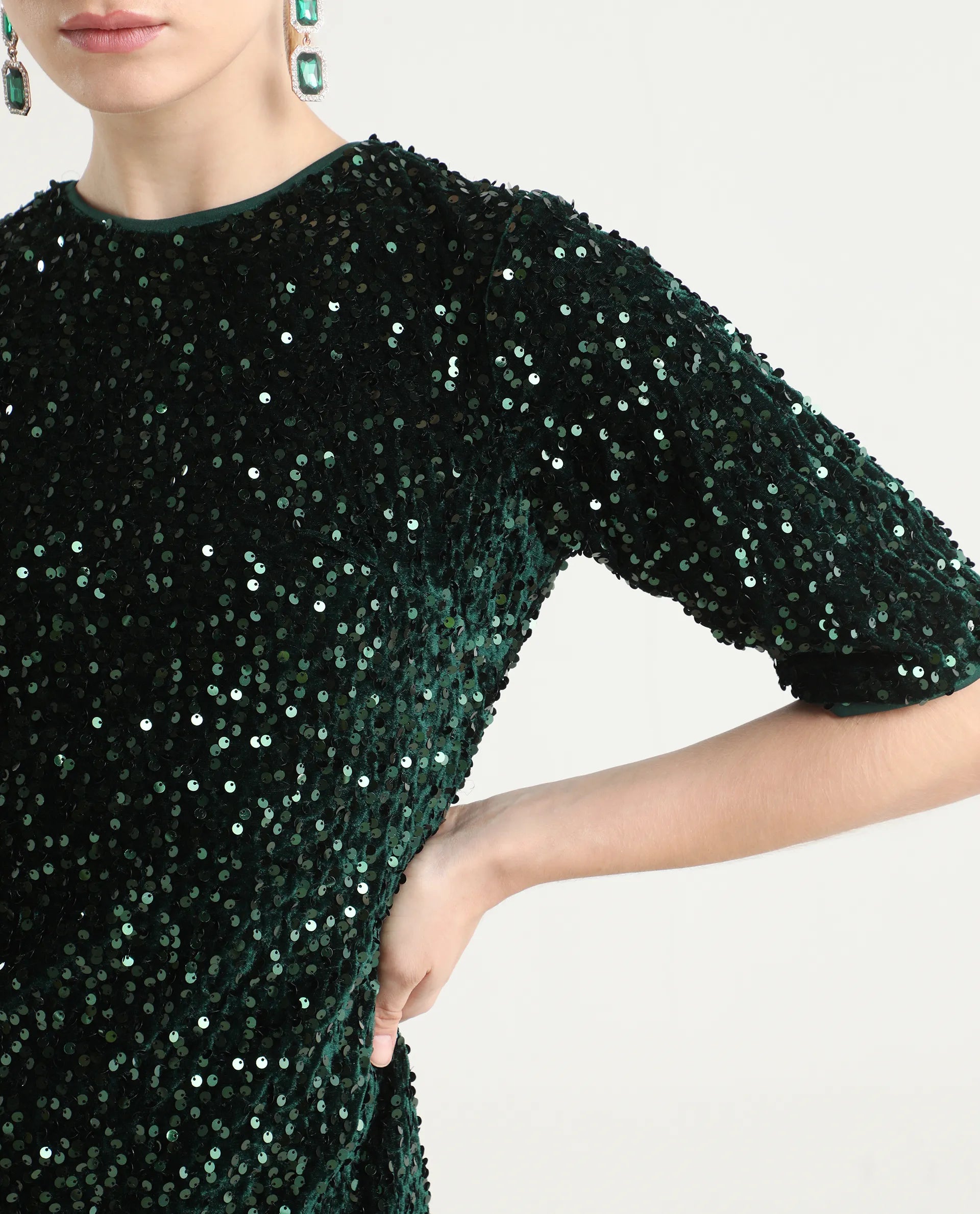 Rareism Women's Tiana Sheen Green Polyester Crew Neck Sequined Mini A-Line Dress