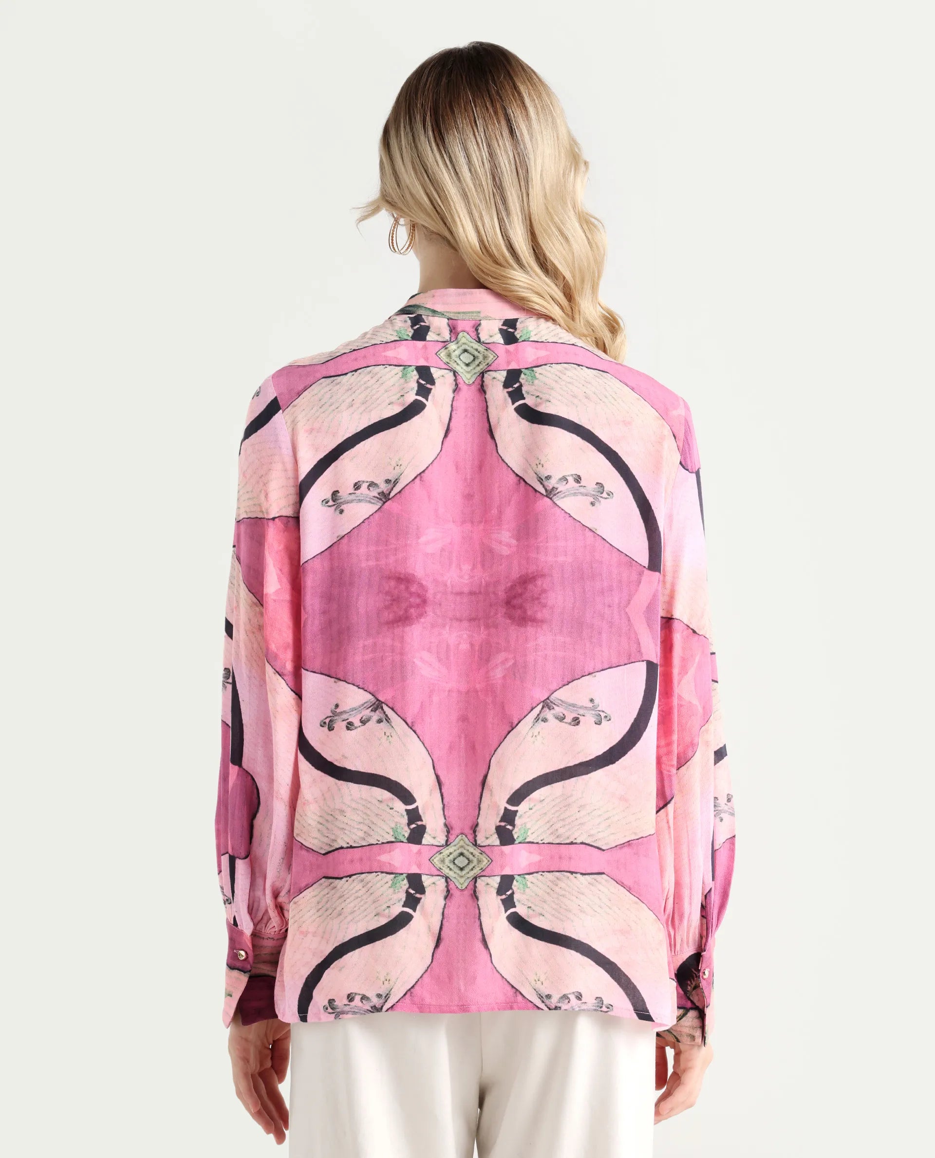 Rareism Women's Timro Light Pink Viscose Blend High Neck Abstract Print Bishop Sleeve Relaxed Fit Top