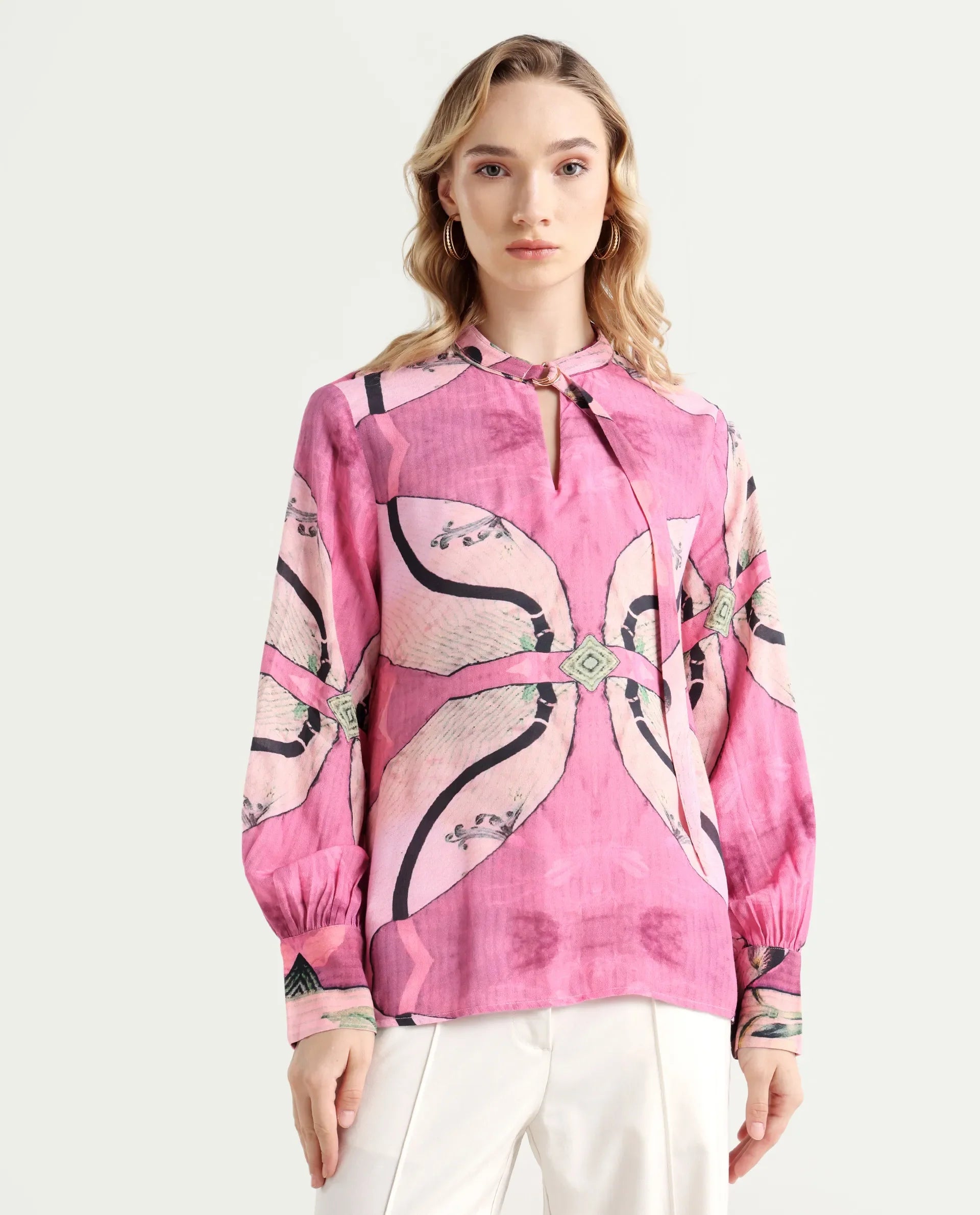 Rareism Women's Timro Light Pink Viscose Blend High Neck Abstract Print Bishop Sleeve Relaxed Fit Top