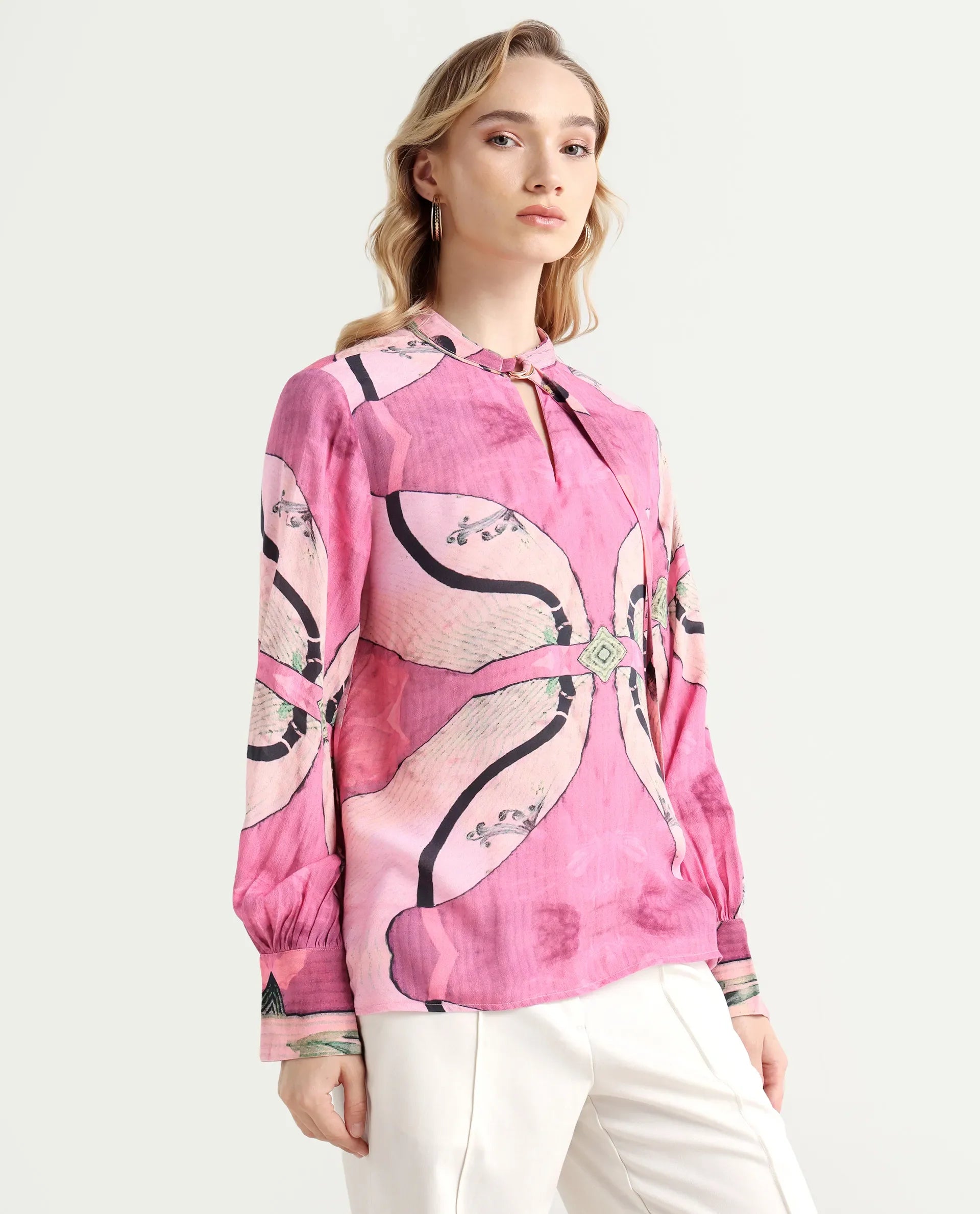 Rareism Women's Timro Light Pink Viscose Blend High Neck Abstract Print Bishop Sleeve Relaxed Fit Top