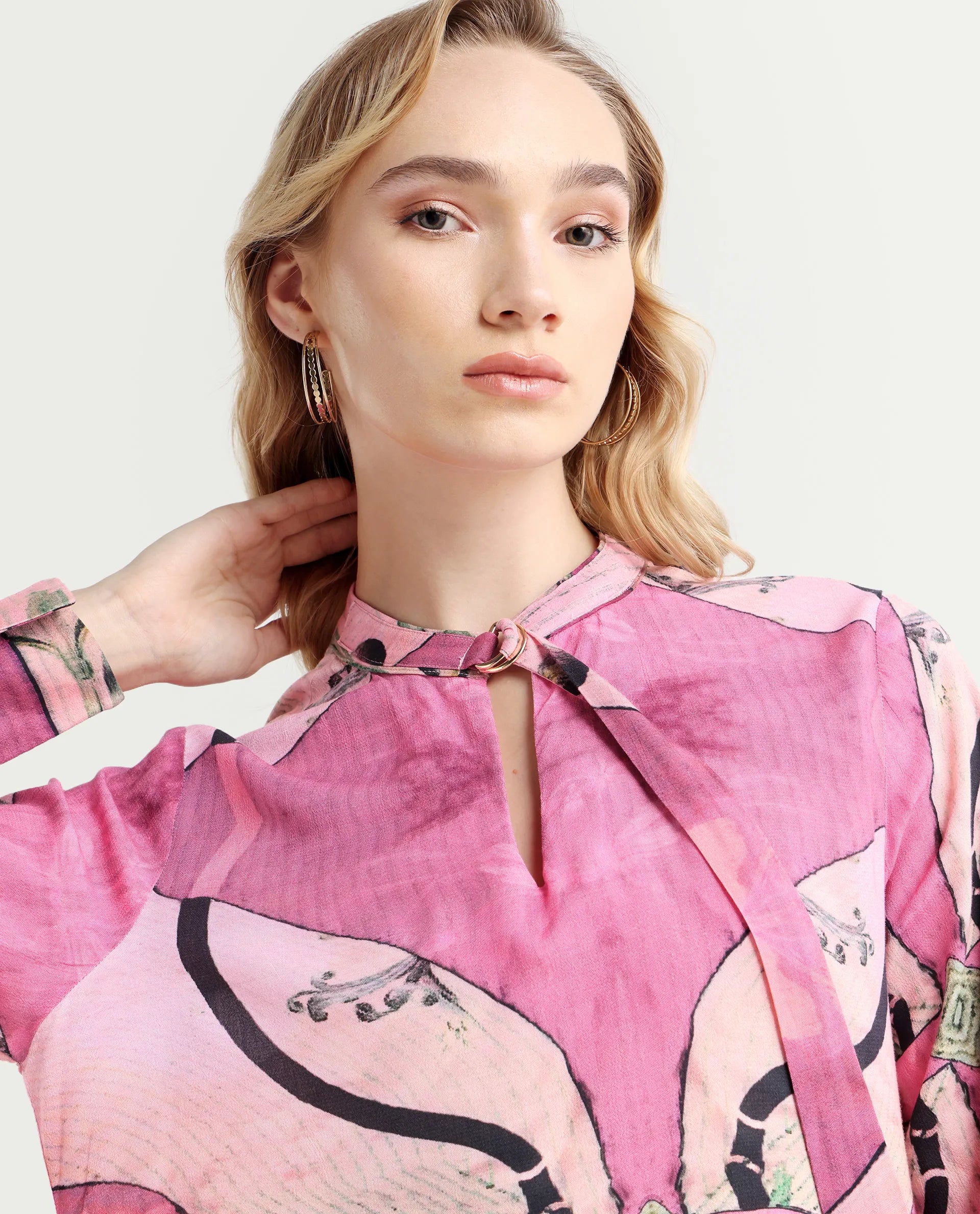 Rareism Women's Timro Light Pink Viscose Blend High Neck Abstract Print Bishop Sleeve Relaxed Fit Top