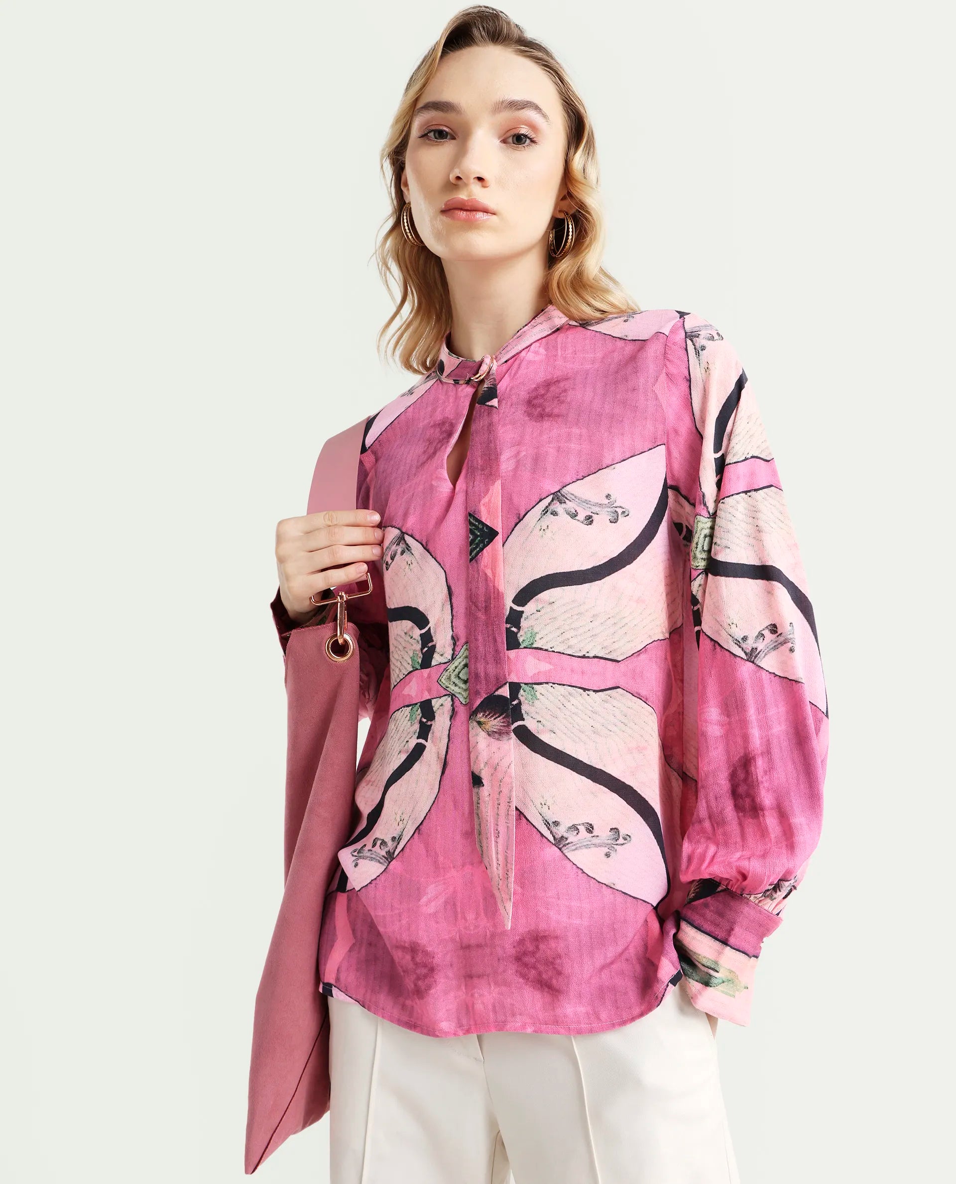 Rareism Women's Timro Light Pink Viscose Blend High Neck Abstract Print Bishop Sleeve Relaxed Fit Top