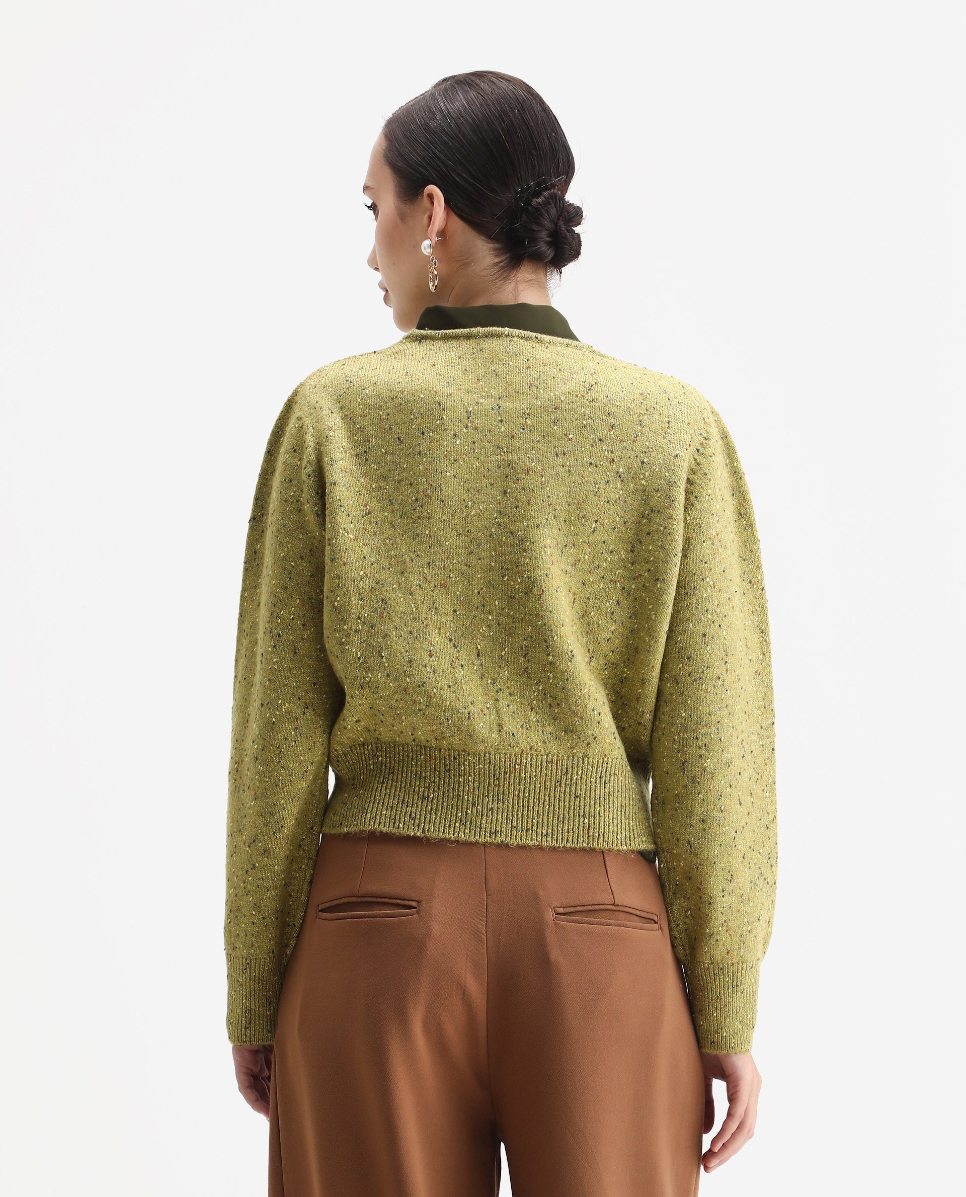 Rareism Women's Tinoa Light Olive Acrylic Blend Crew Neck Relaxed Fit Sweater