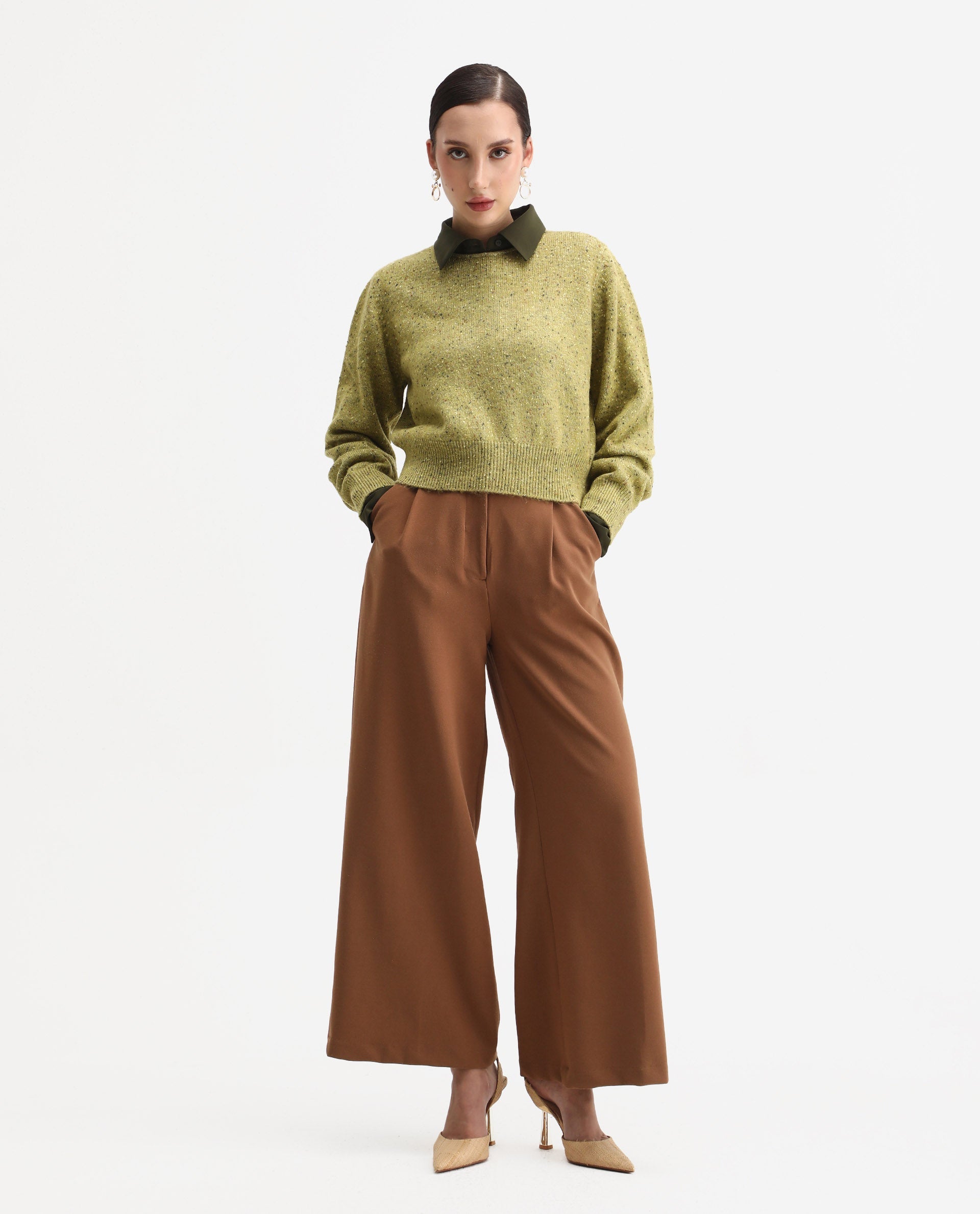 Rareism Women's Tinoa Light Olive Acrylic Blend Crew Neck Relaxed Fit Sweater