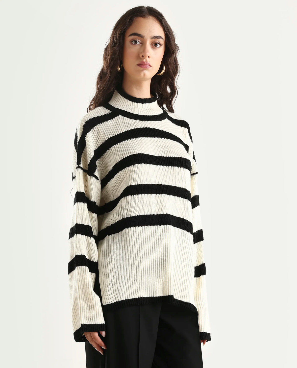 Rareism Women's Titanium White Acrylic High Neck Oversize Fit Striped Sweater
