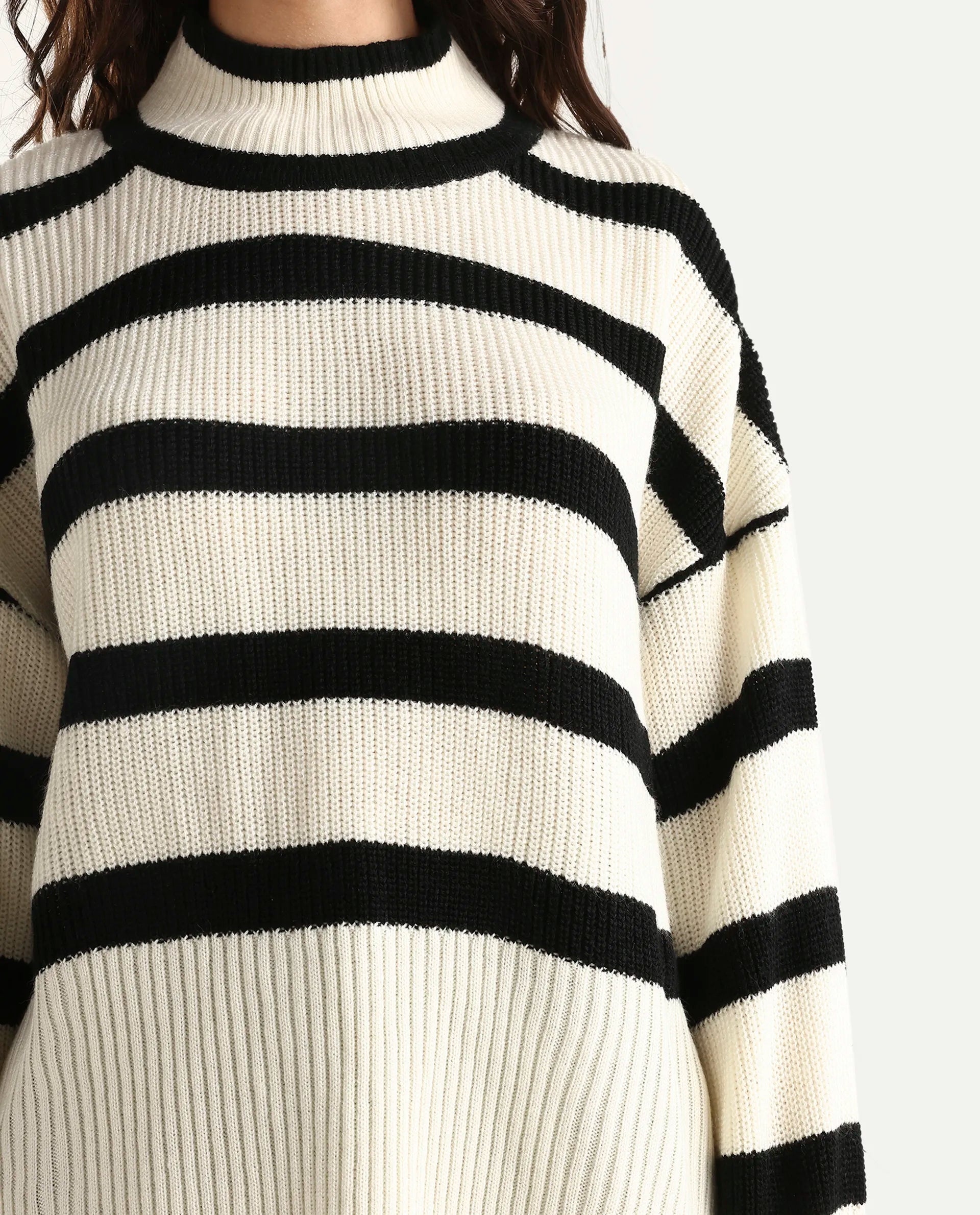Rareism Women's Titanium White Acrylic High Neck Oversize Fit Striped Sweater