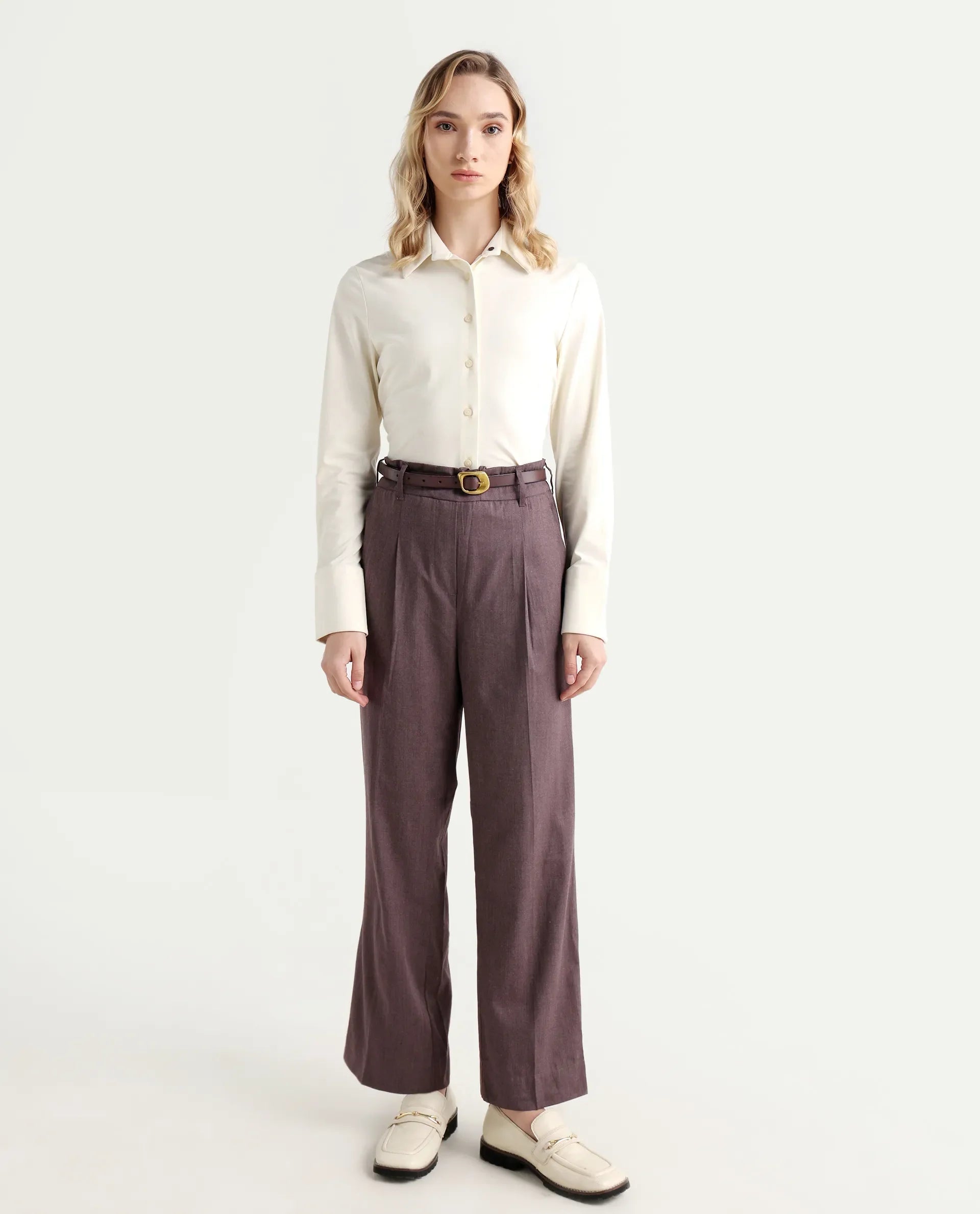 Rareism Women's Tiza Brown Polyester Blend Plain Ankle Length Straight Fit Trouser