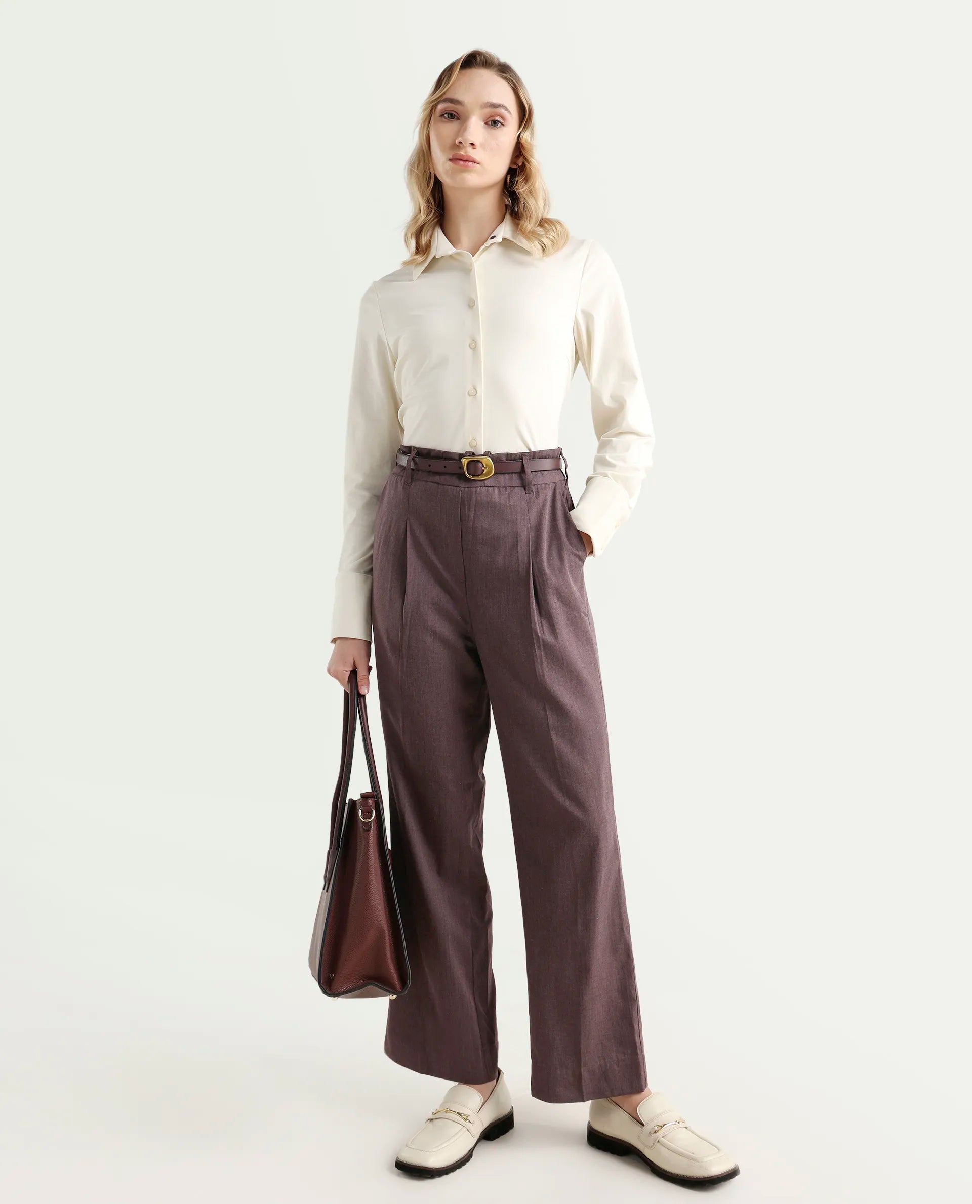 Rareism Women's Tiza Brown Polyester Blend Plain Ankle Length Straight Fit Trouser