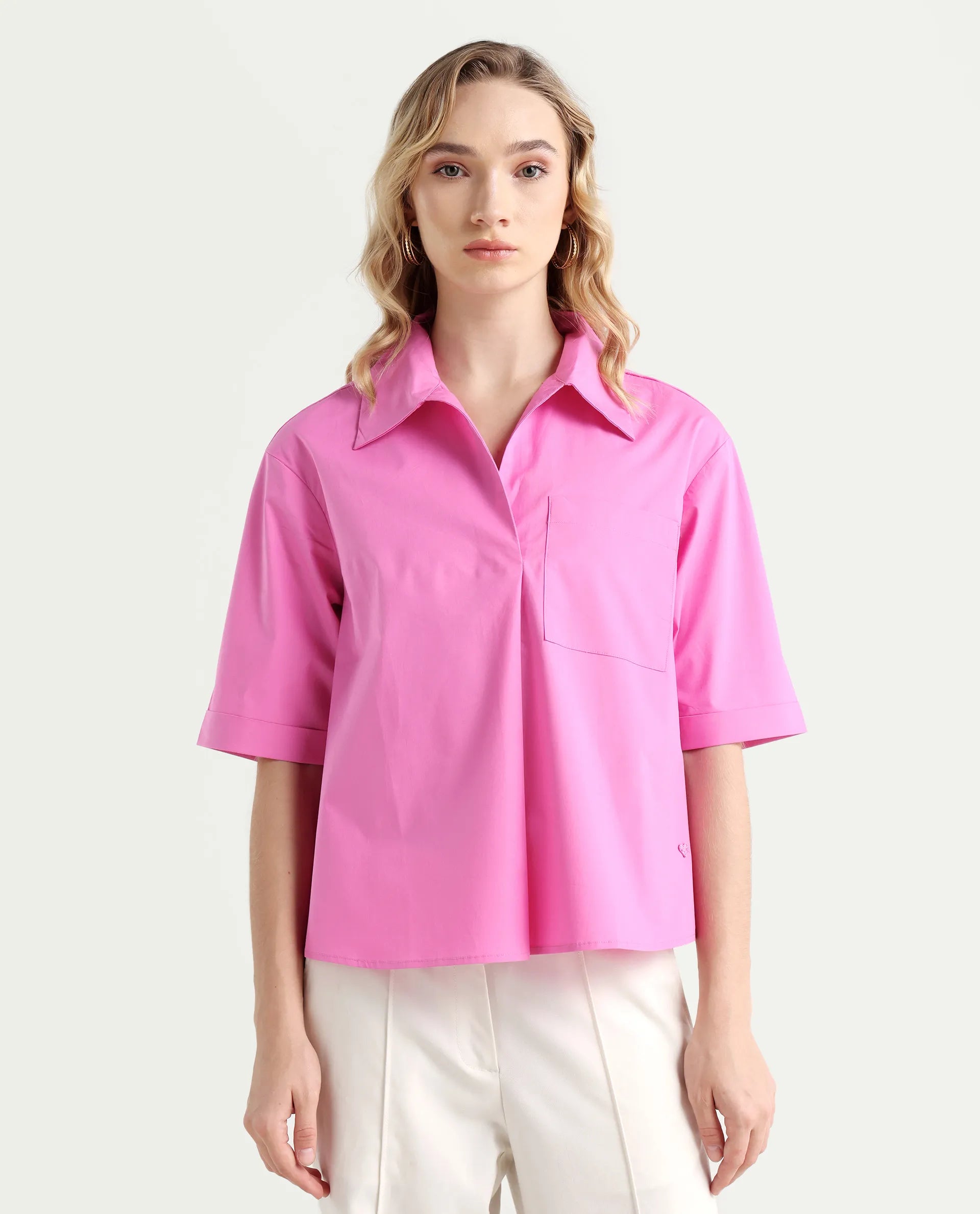 Rareism Women's Toefil Pastel Pink Cotton Spread Collar Plain Regular Fit Shirt