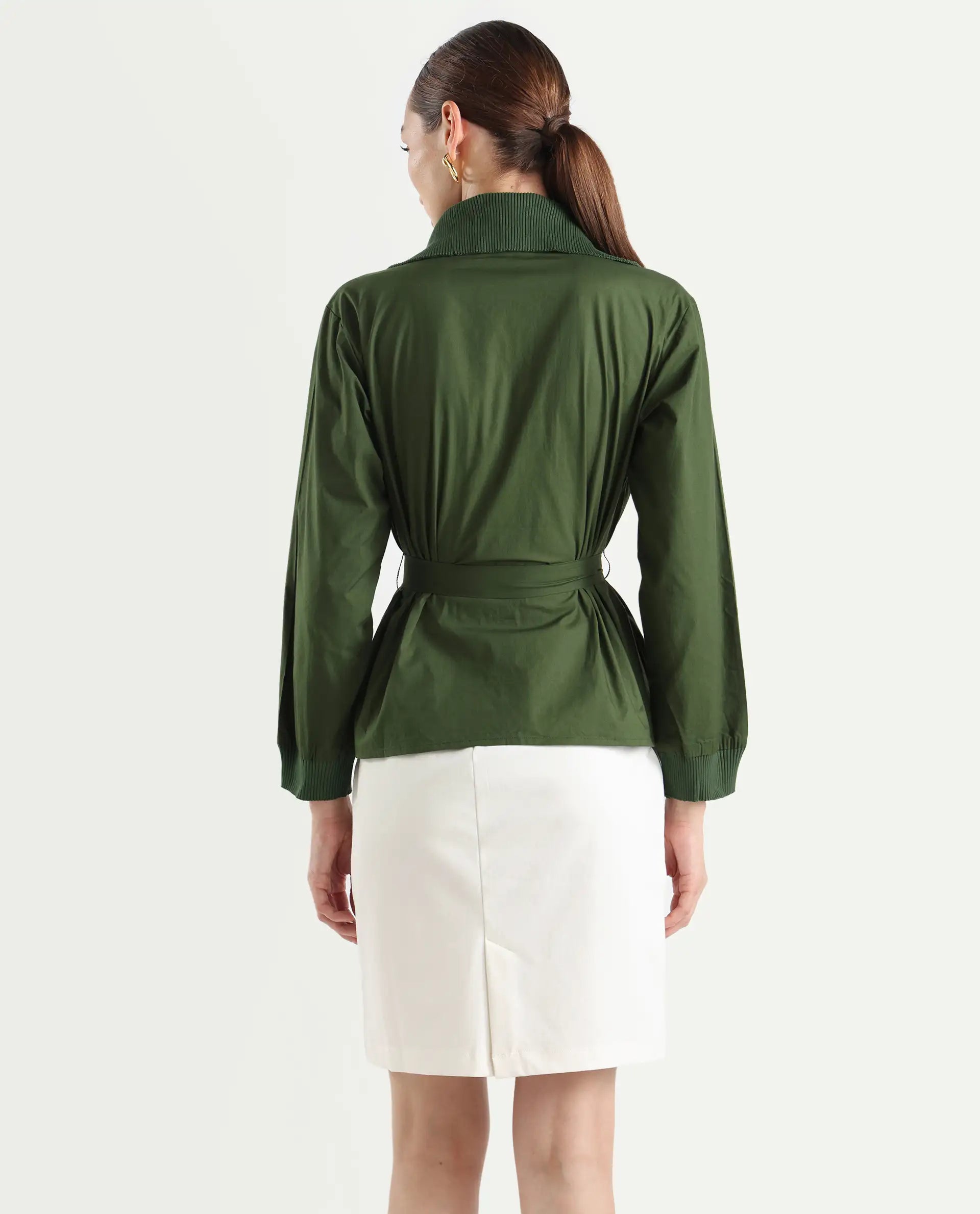 Rareism Women's Tokat Olive Cotton Ribbed Collar Plain Ribbed Sleeve Boxy Fit Jacket