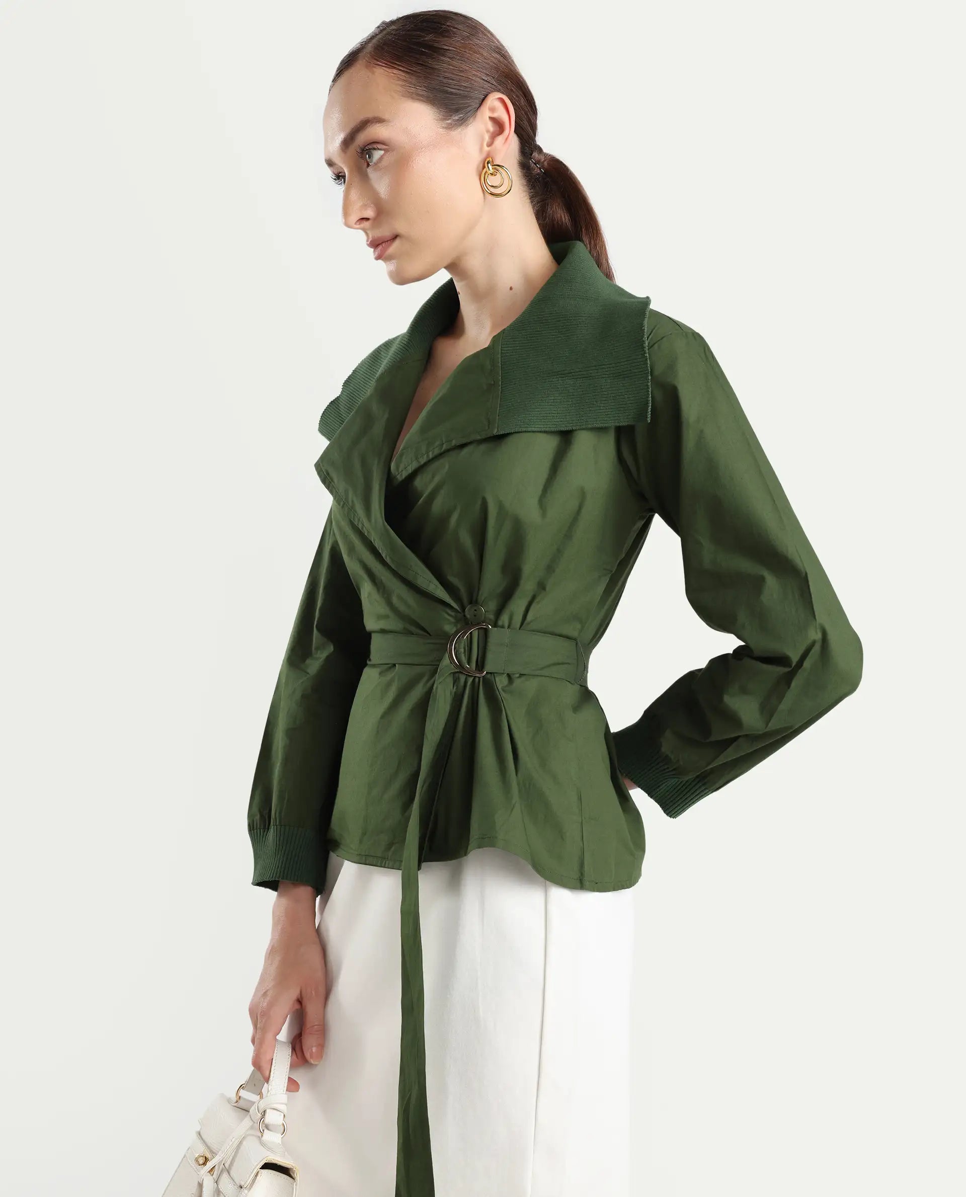 Rareism Women's Tokat Olive Cotton Ribbed Collar Plain Ribbed Sleeve Boxy Fit Jacket