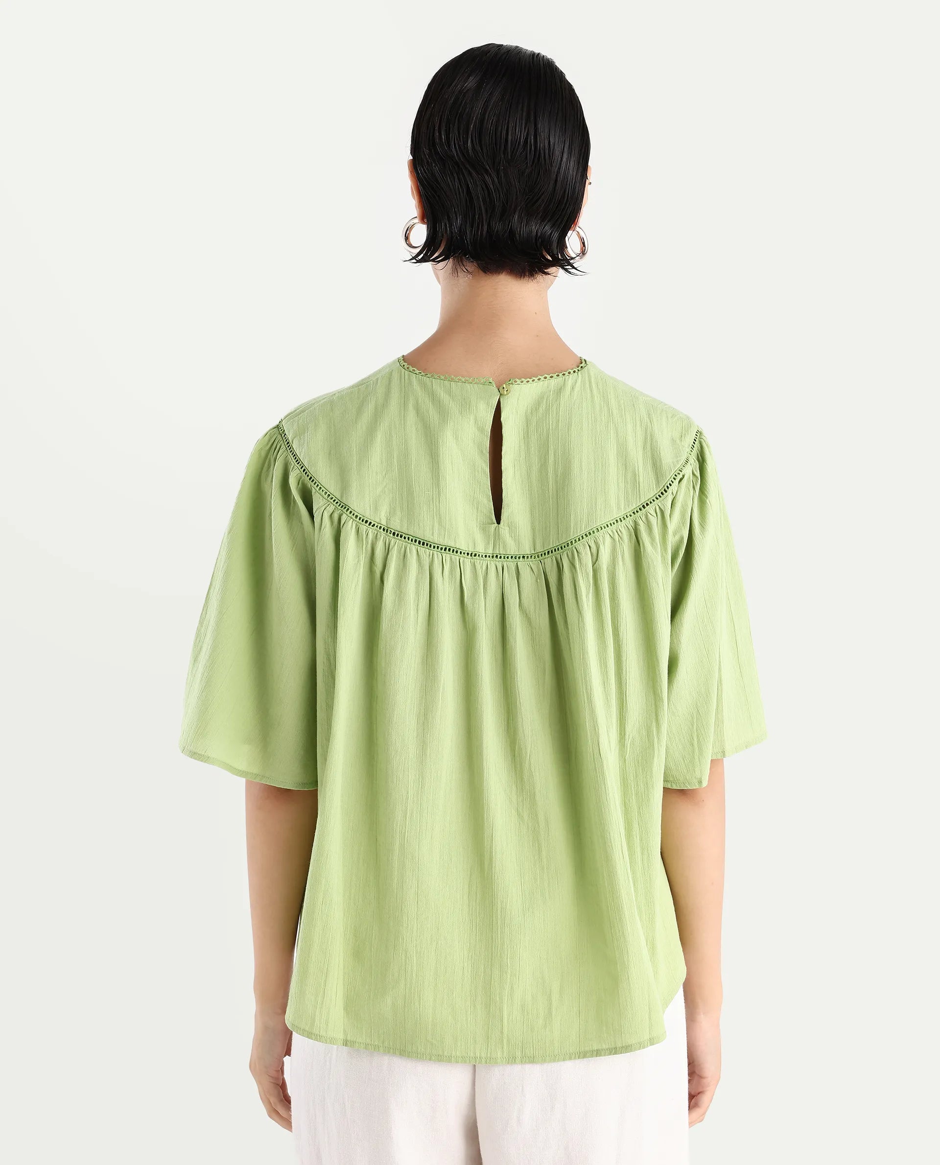 Rareism Women's Tonala Green Cotton Blend Crew Neck Plain Raglan Sleeve Relaxed Fit Top