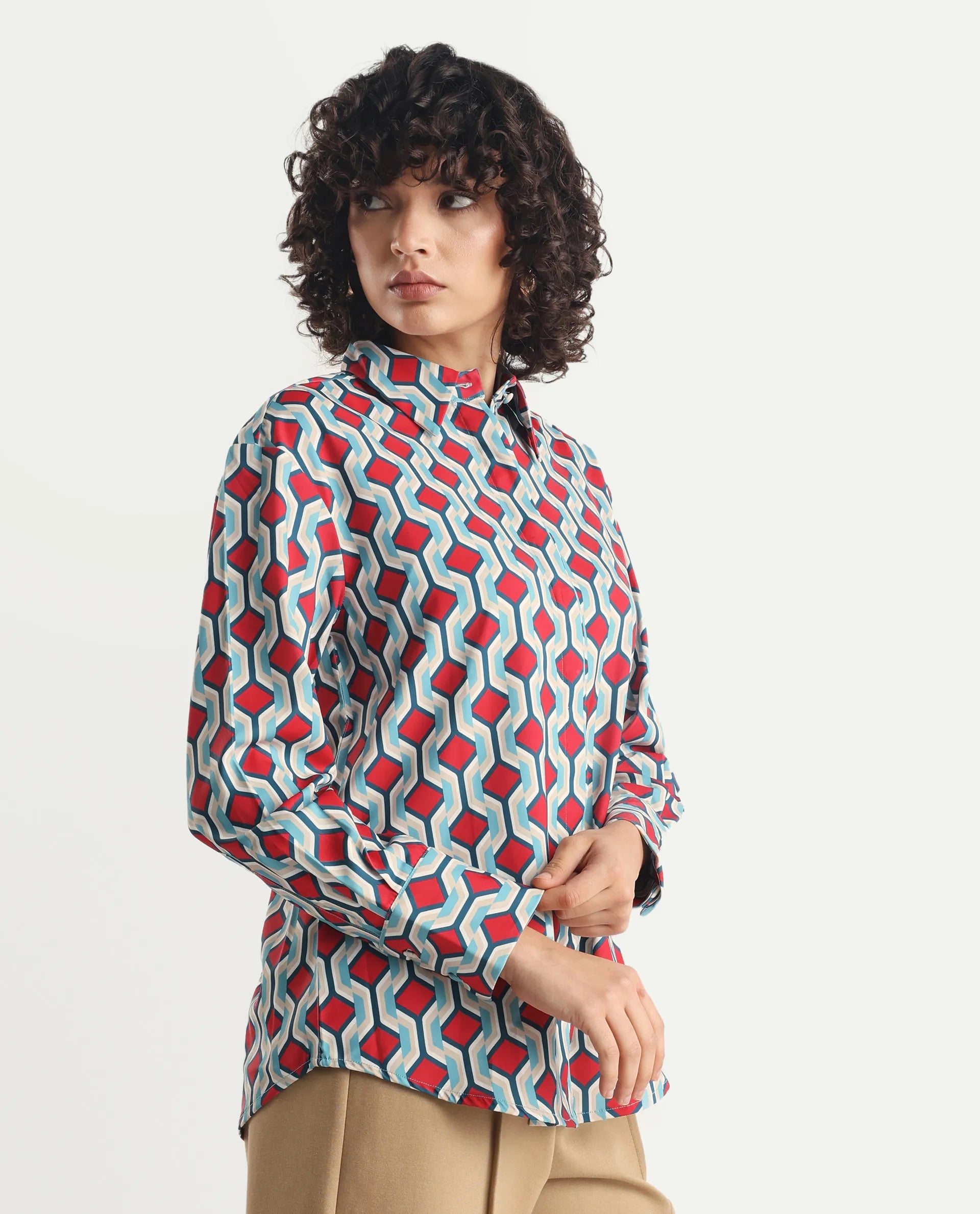 Rareism Women's Tonyhale Multi Satin Spread Collar Geometric Print Cuffed Sleeve Regular Fit Top