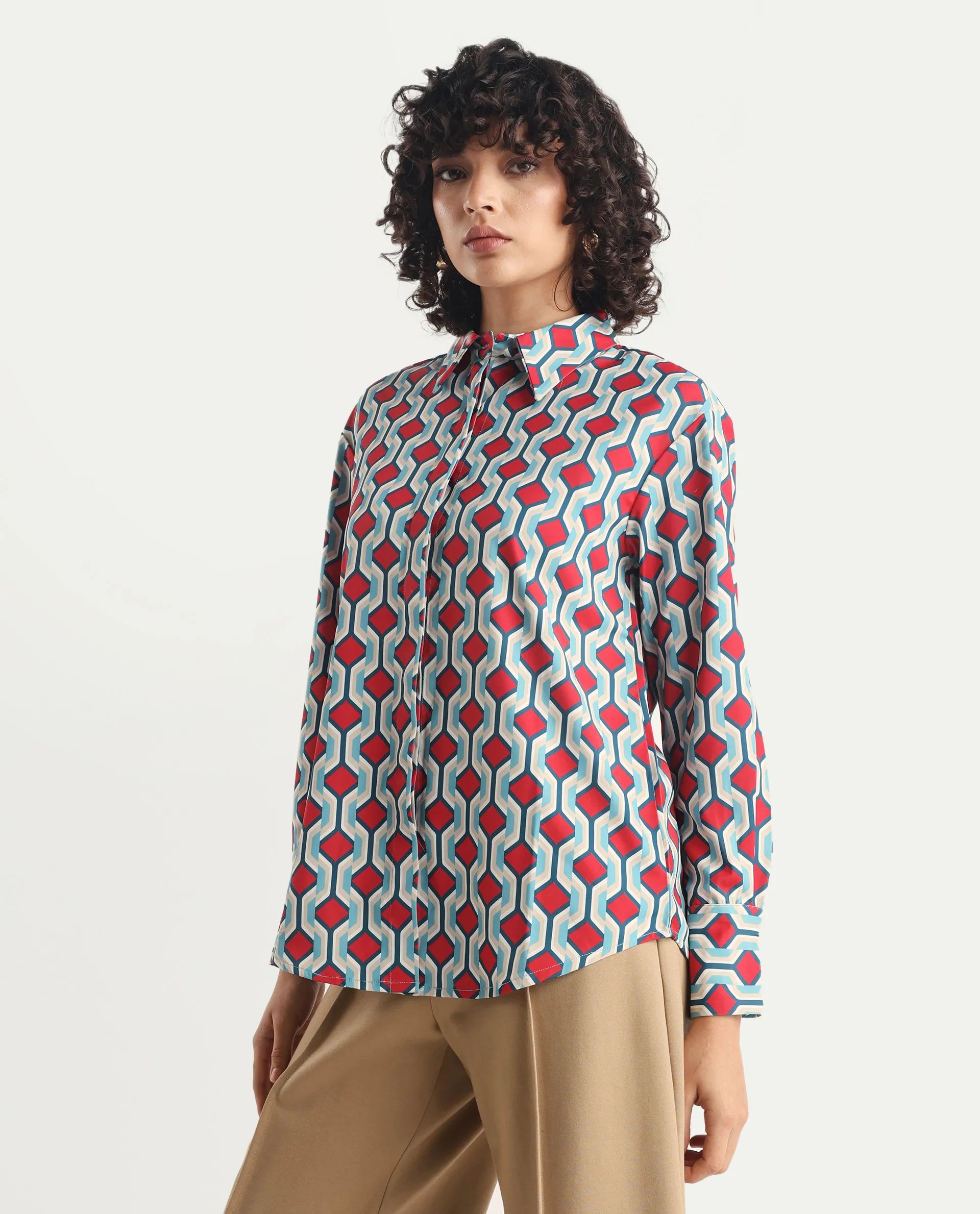 Rareism Women's Tonyhale Multi Satin Spread Collar Geometric Print Cuffed Sleeve Regular Fit Top