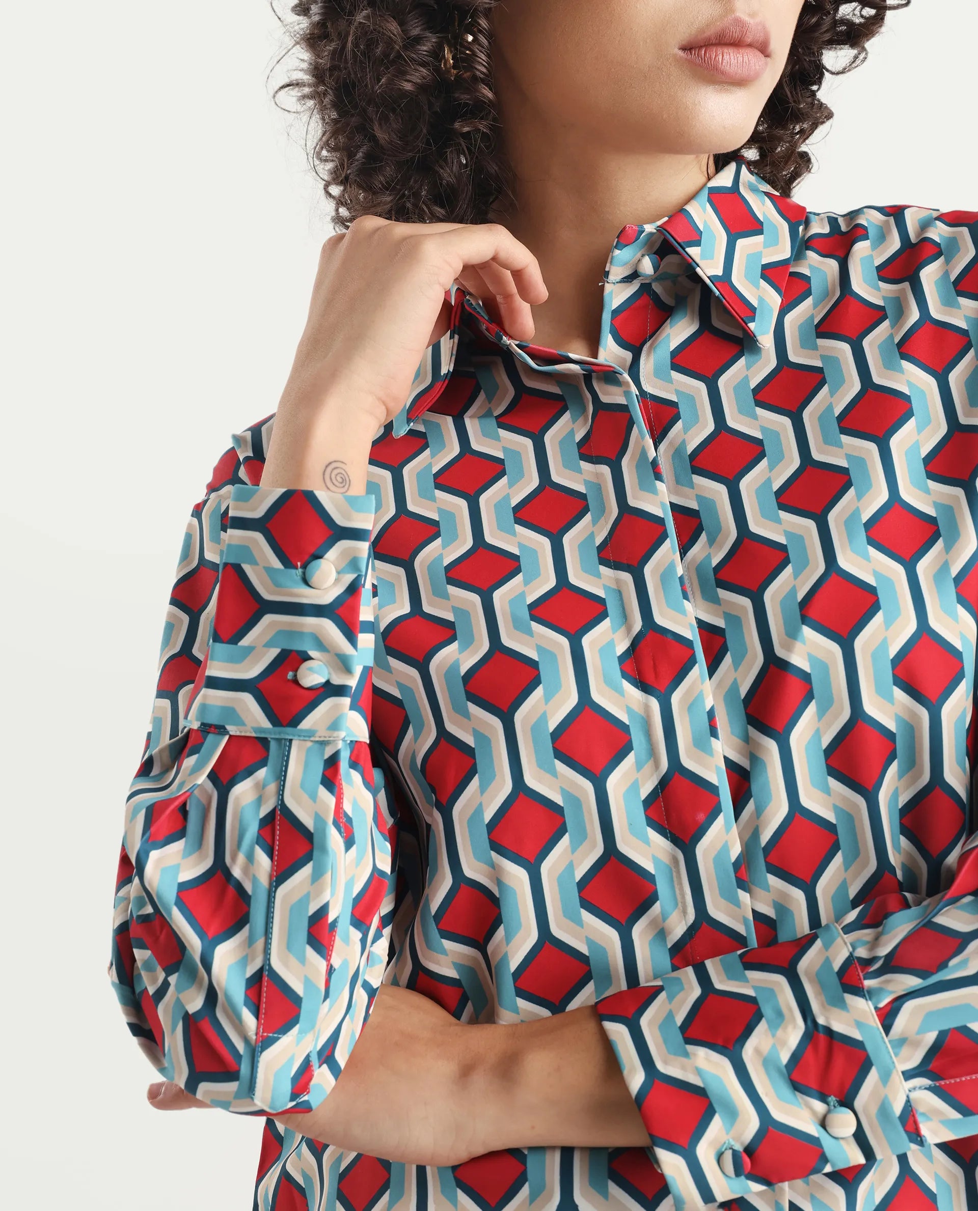 Rareism Women's Tonyhale Multi Satin Spread Collar Geometric Print Cuffed Sleeve Regular Fit Top